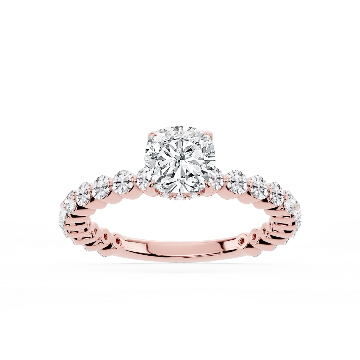 Tamara Cushion Lab Grown Diamond Single Shared Prong Hidden Halo Engagement Ring
