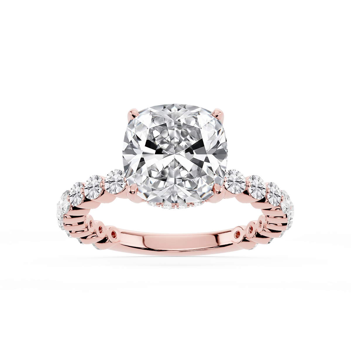 Tamara Cushion Lab Grown Diamond Single Shared Prong Hidden Halo Engagement Ring