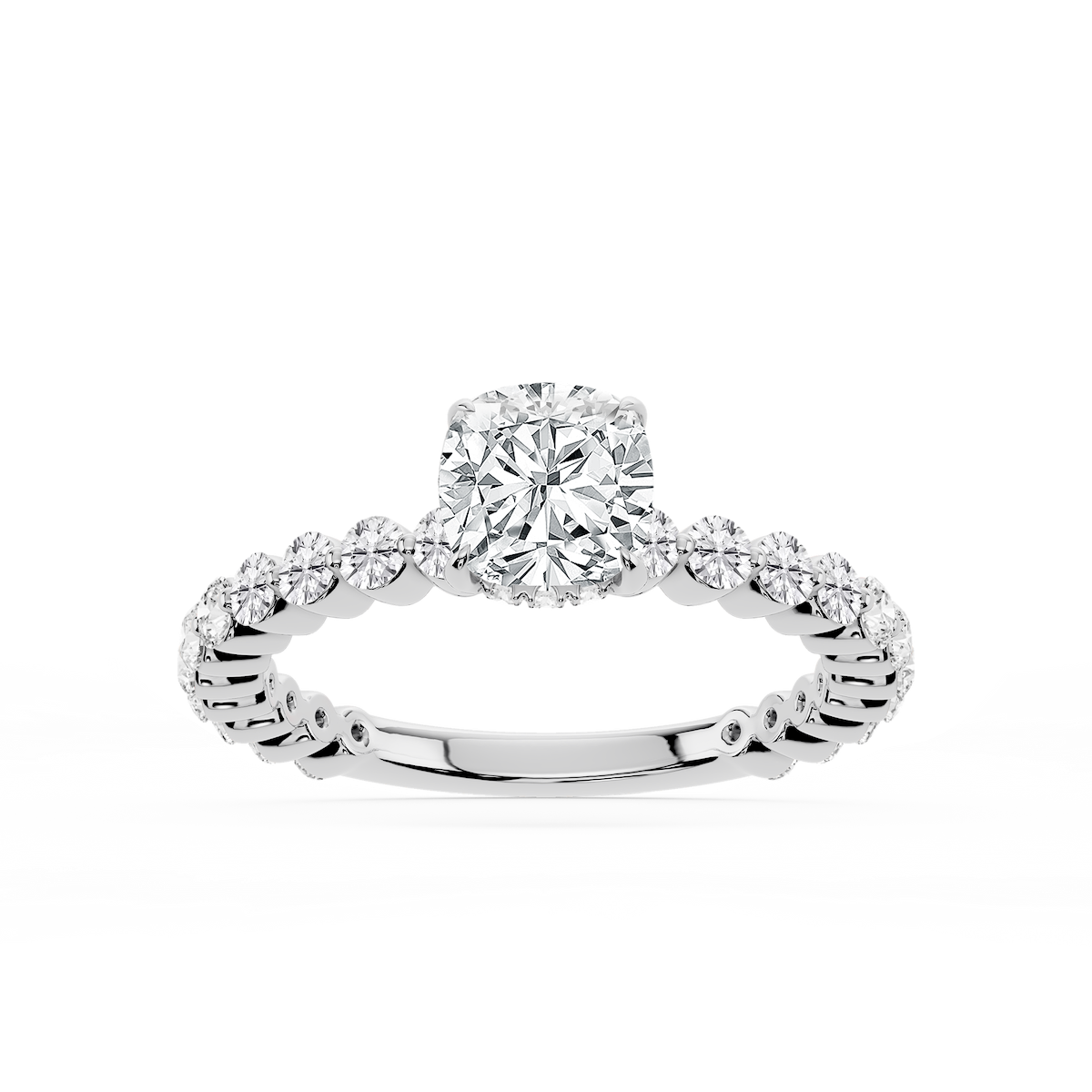 Tamara Cushion Lab Grown Diamond Single Shared Prong Hidden Halo Engagement Ring
