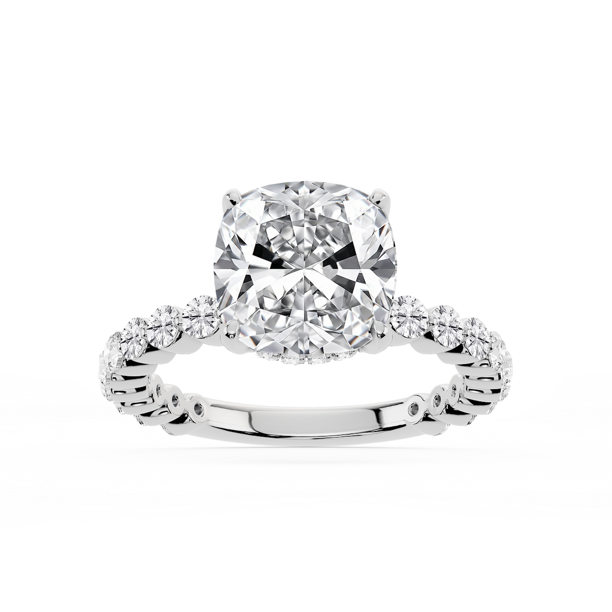 Tamara Cushion Lab Grown Diamond Single Shared Prong Hidden Halo Engagement Ring
