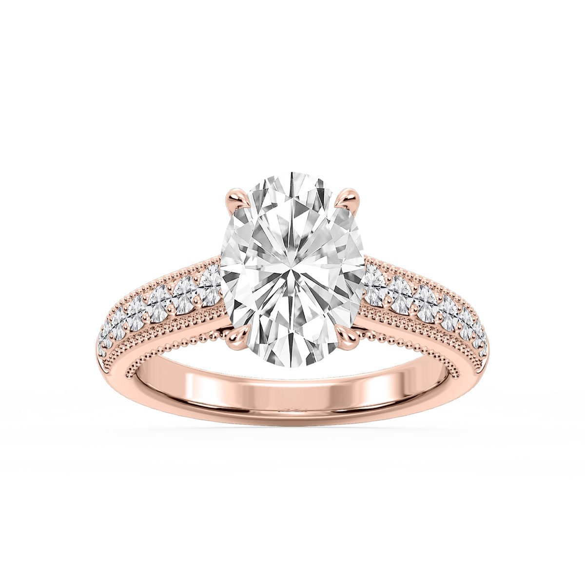 Veronica Oval Lab Grown Diamond Milgrain Channel Side Stone Engagement Ring
