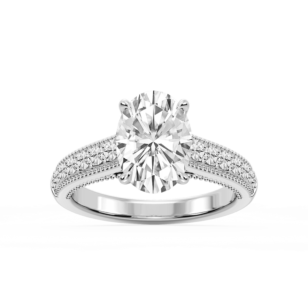 Veronica Oval Lab Grown Diamond Milgrain Channel Side Stone Engagement Ring