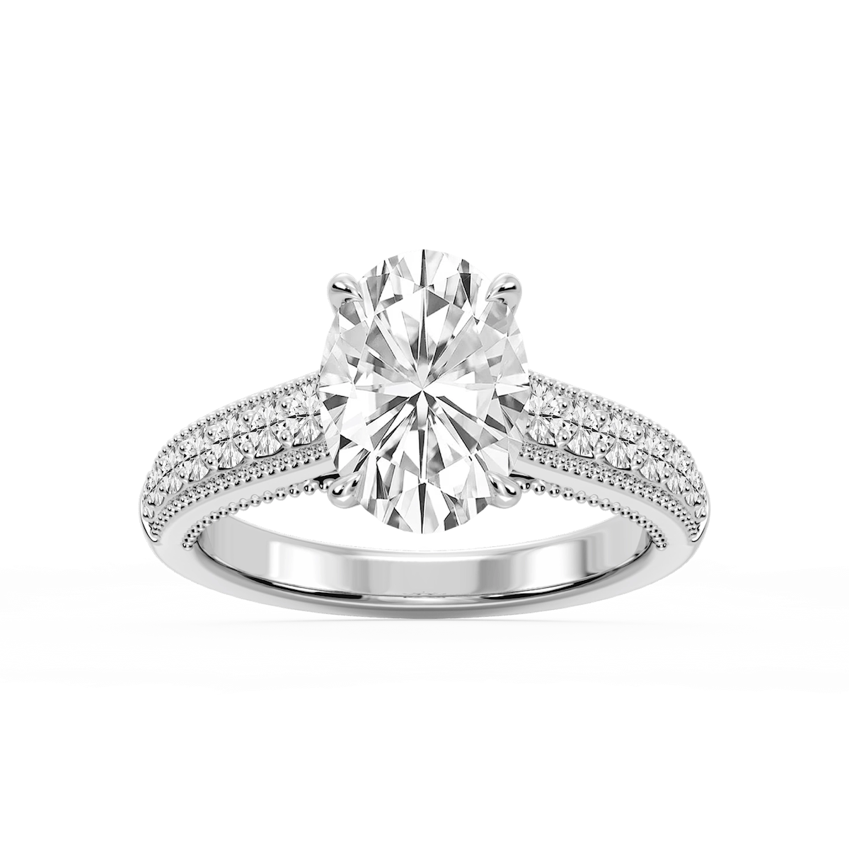 Veronica Oval Lab Grown Diamond Milgrain Channel Side Stone Engagement Ring