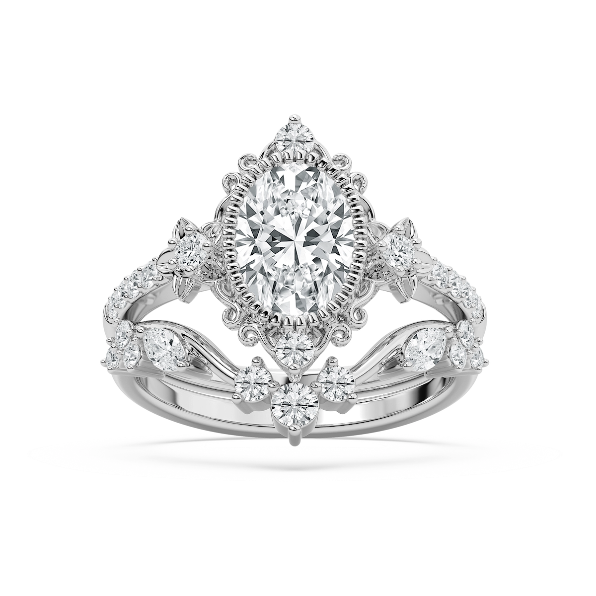 Analeah 2 ctw Oval Lab Grown Diamond Vintage Filagree Wedding Set