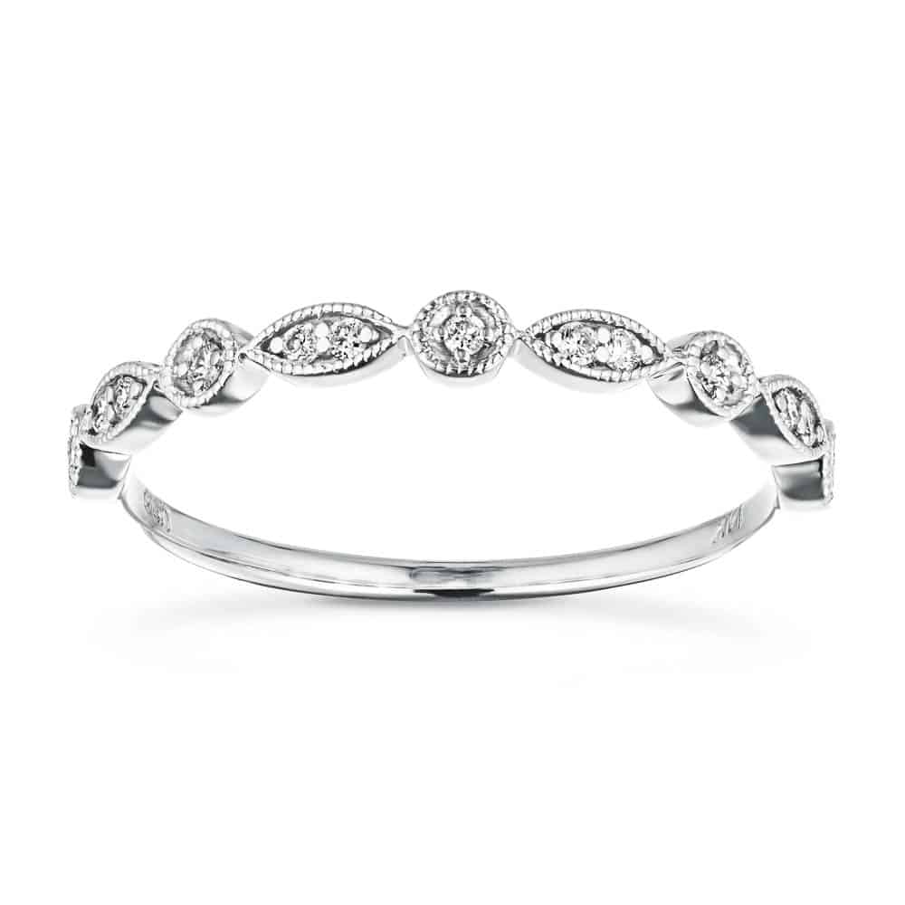 Shown in 14k White Gold|Antique style romantic diamond accented wedding band with milgrain detailing in 14k white gold