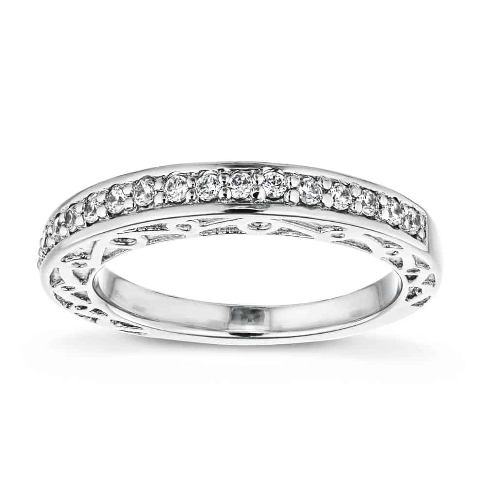 Julie Accented Wedding band with scroll detail and recycled diamonds in recycled 14K white gold | Julie Accented Wedding band scroll detail recycled diamonds recycled 14K white gold