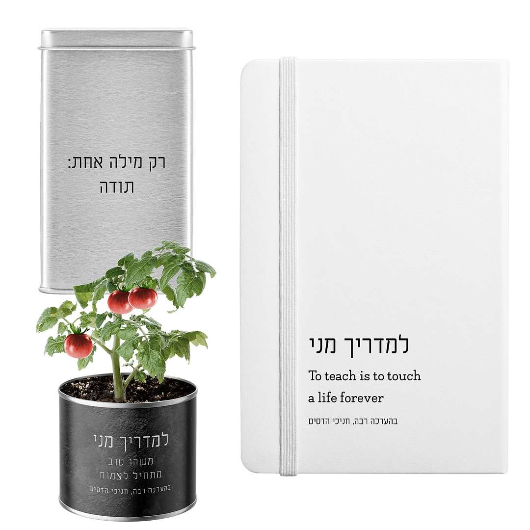 מארז מתנה למורה - מחברת - עציץ - מארז שוקולד - ציפחה