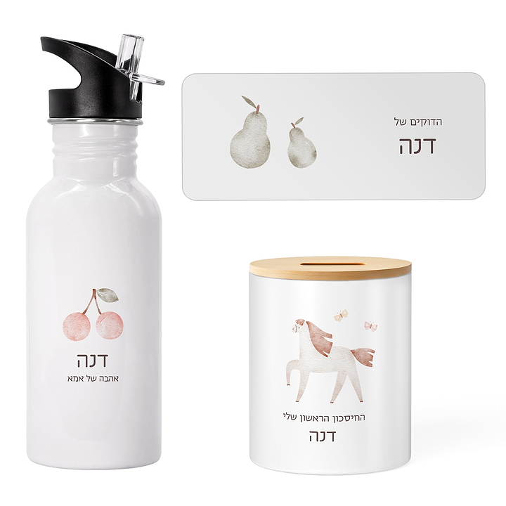 מארז מתנה ליום הולדת - קופסת חיסכון - בקבוק נירוסטה - משחק דוקים - שלווה