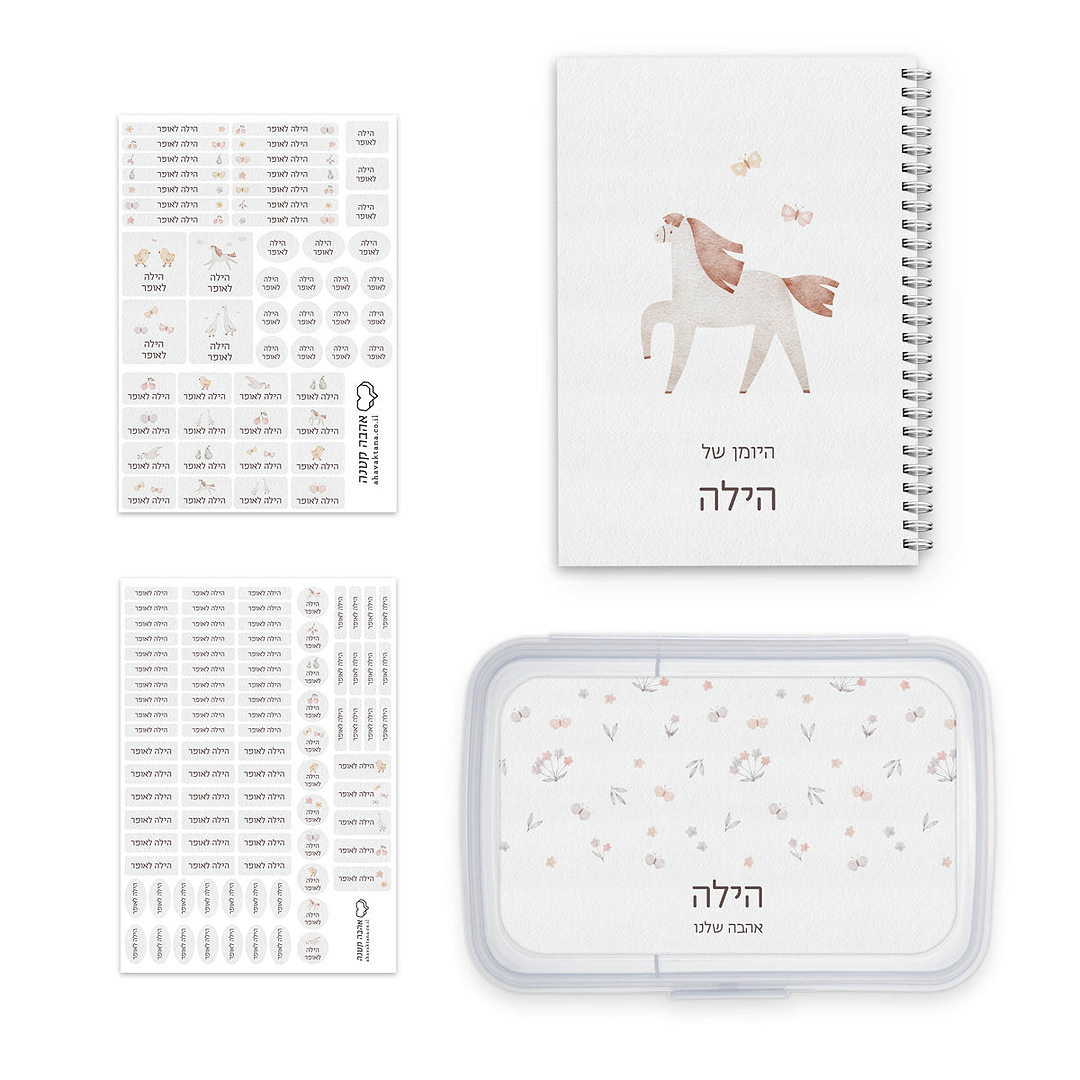 מארז לכיתה א - יומן תלמיד + מדבקות שם + קופסת אוכל - שלווה