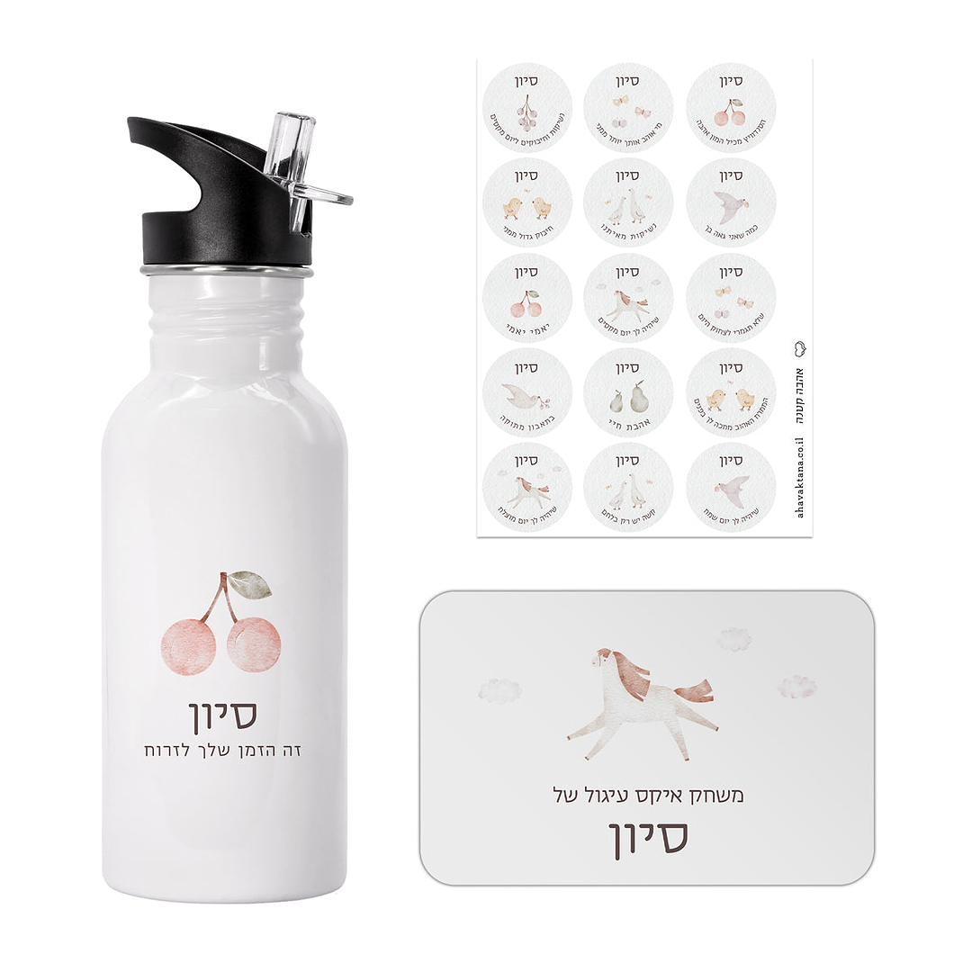מארז מתנה ליום הולדת - משחק איקס עיגול - בקבוק נירוסטה - מדבקות סנדוויץ' - שלווה