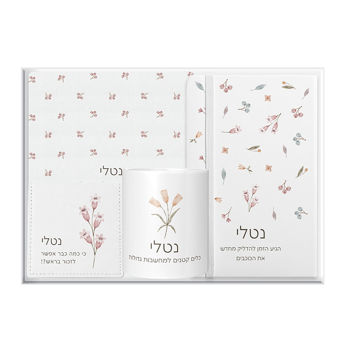 מארז מתנה - מחברת + פד לעכבר + כלי למכשירי כתיבה + קופסת דפי ממו מעוצבת - אביב