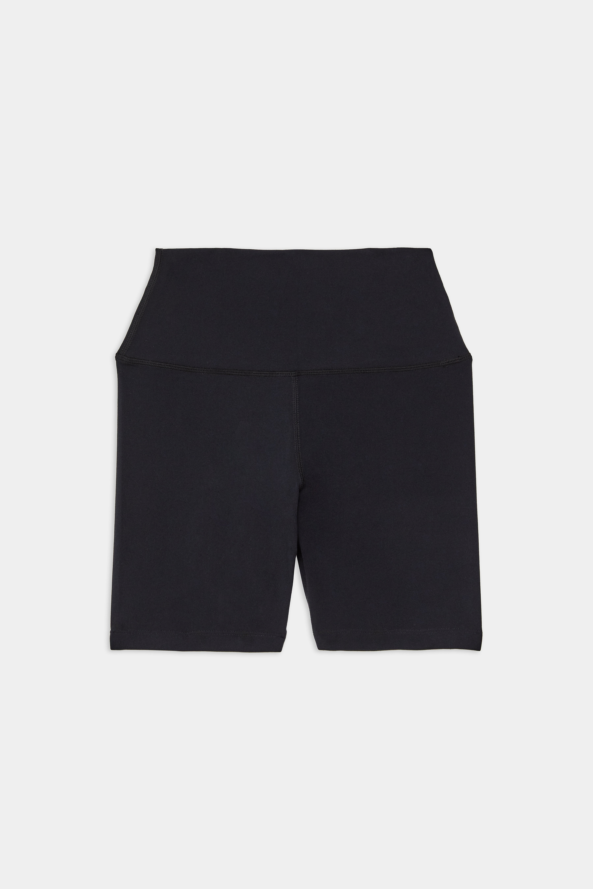 Black high-waisted biker shorts displayed on a plain white background.