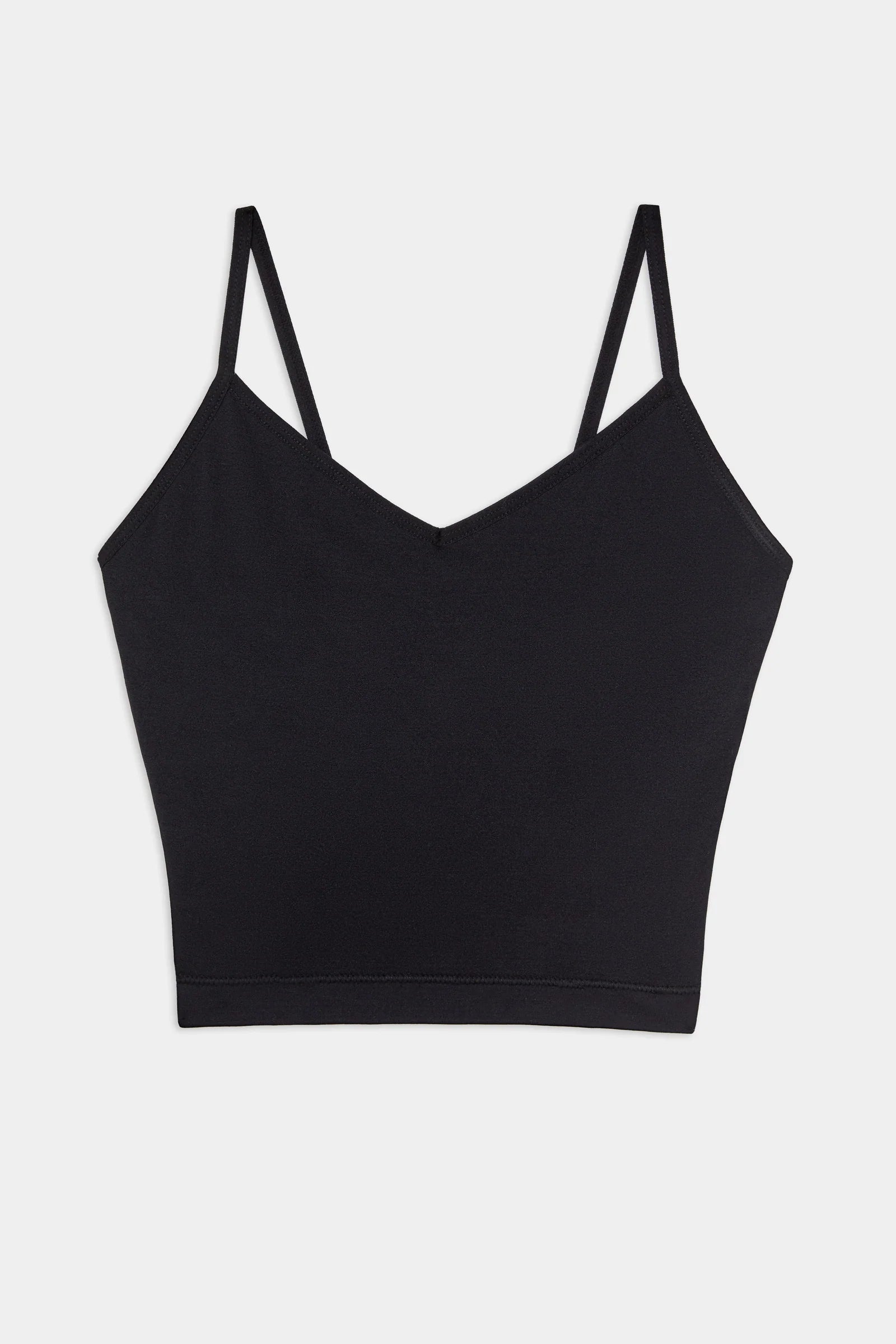 A black, sleeveless crop top with thin spaghetti straps, displayed on a plain white background.