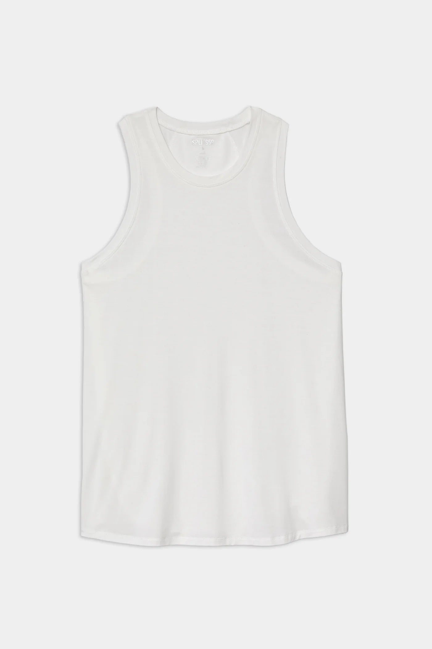 A plain white sleeveless tank top is laid flat on a white background.