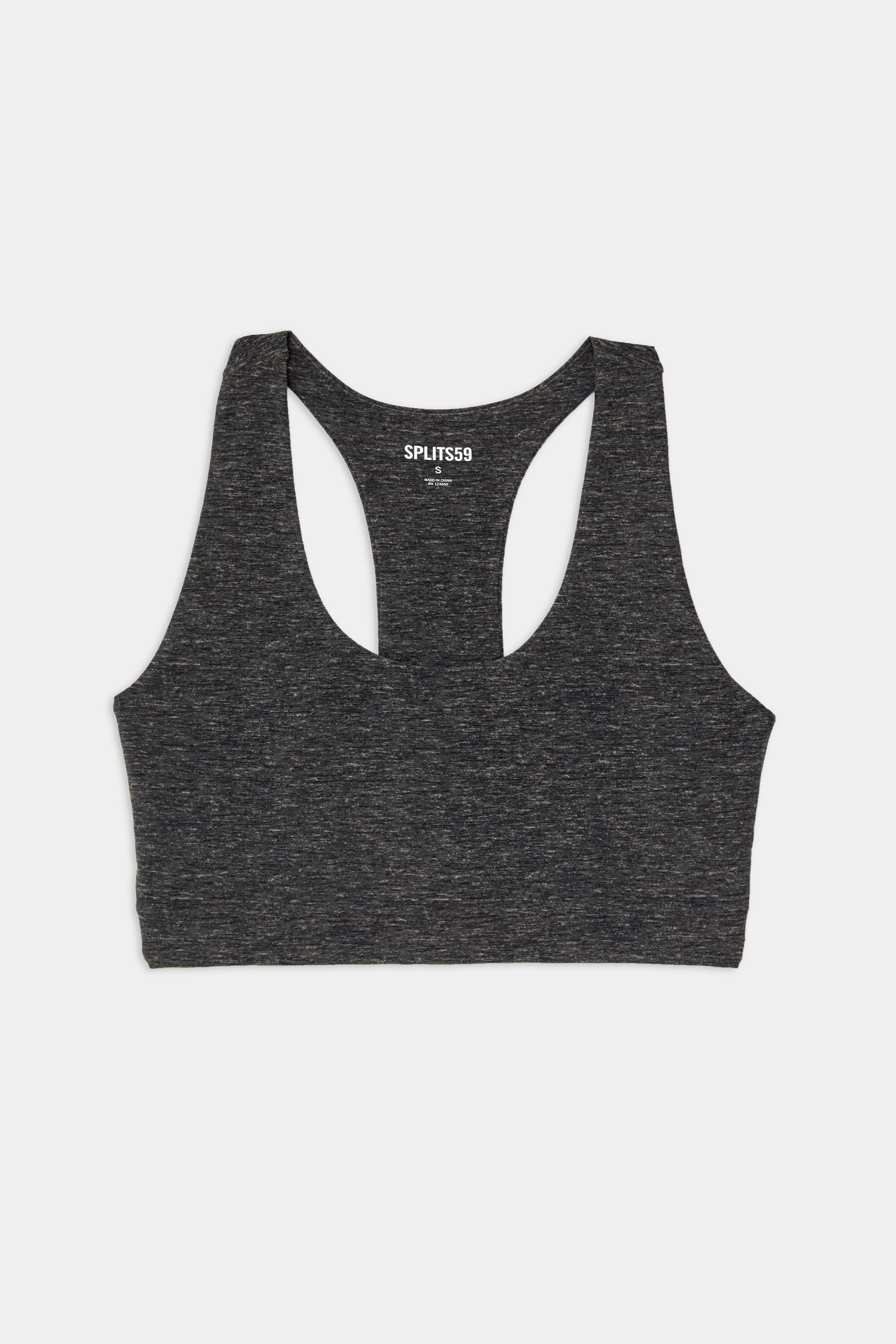 A dark gray racerback sports bra with a heathered texture is laid flat on a white background.