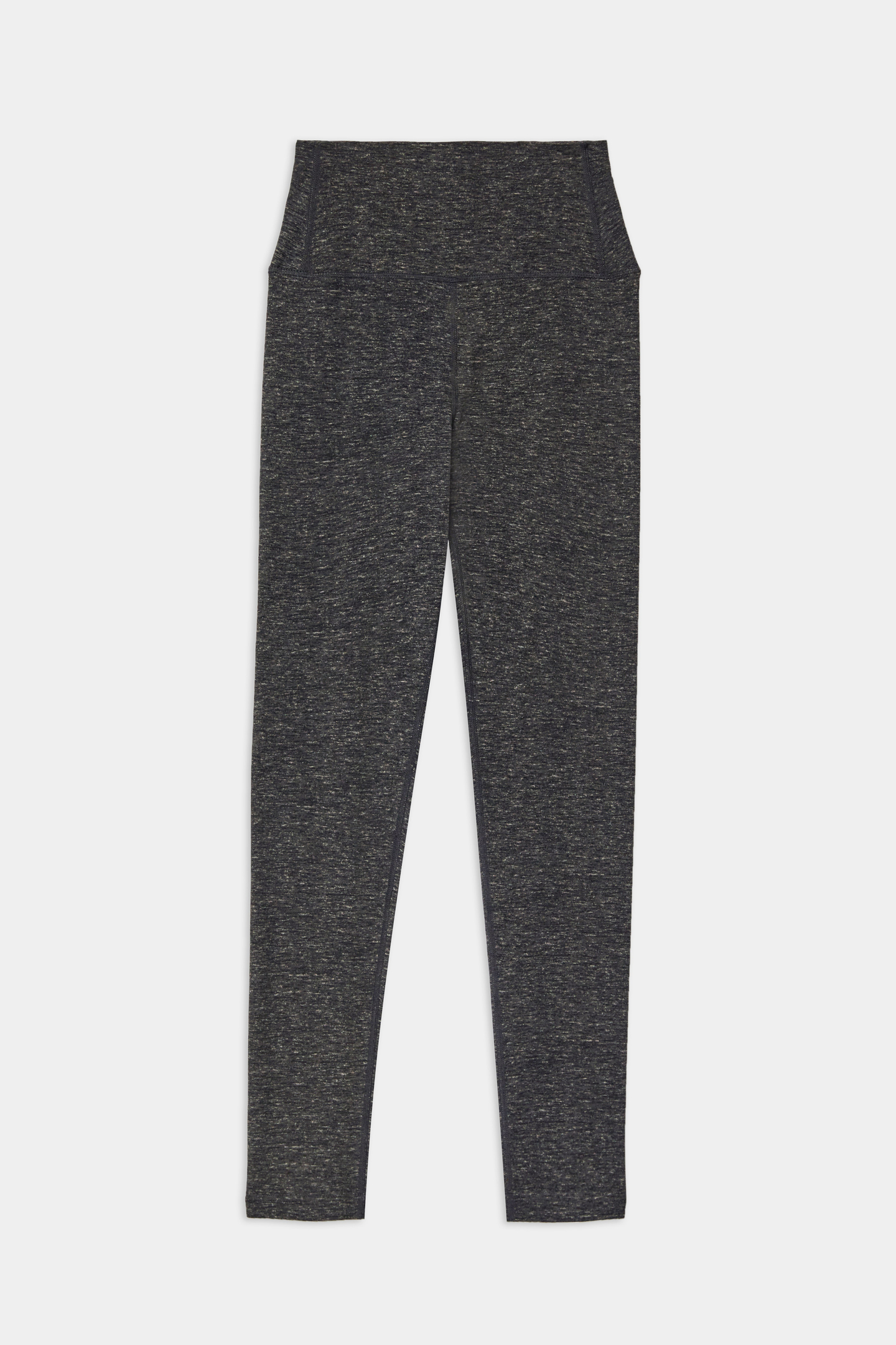 Dark gray heathered leggings with a high waistband and slim fit, laid flat on a white background.