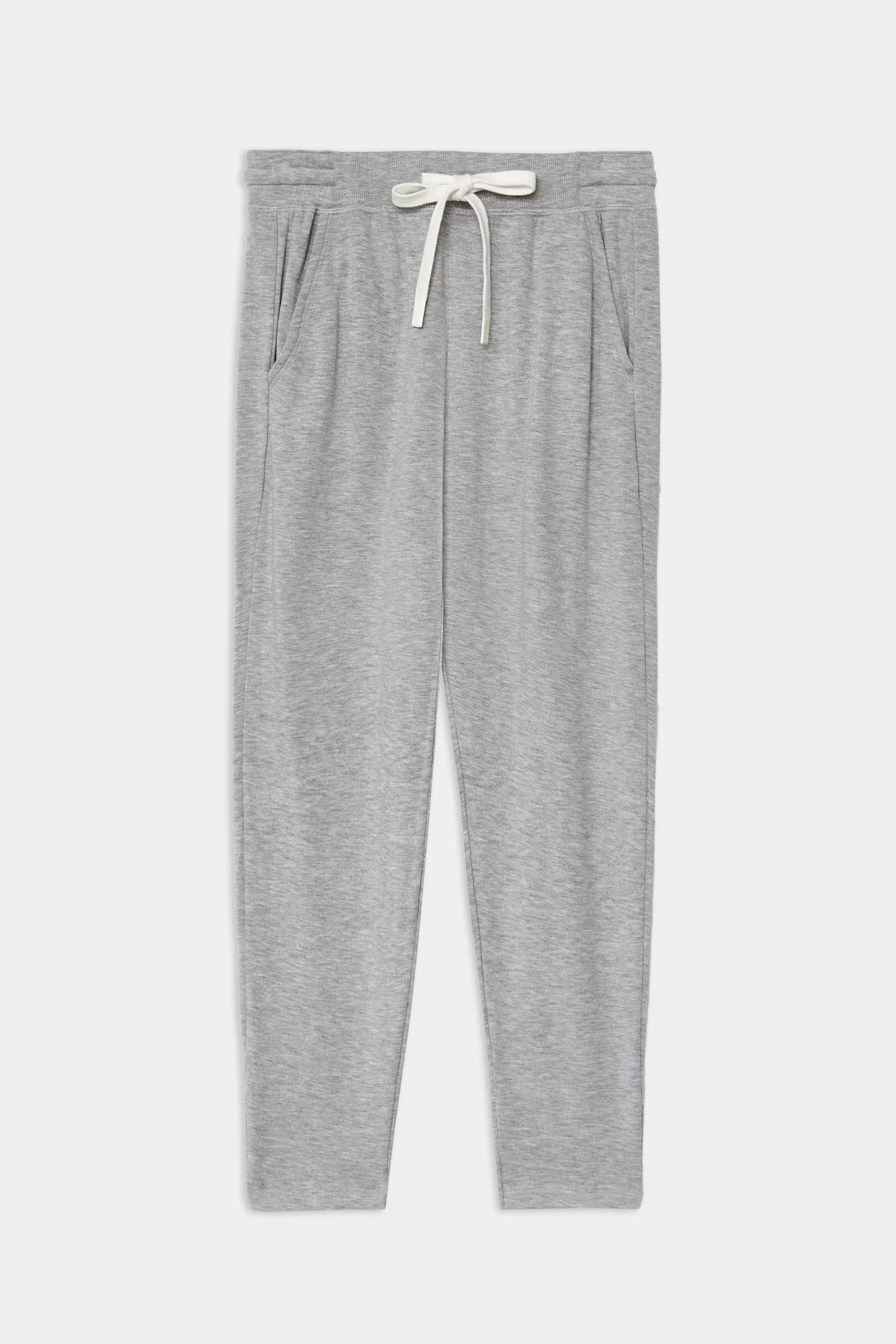 Light gray sweatpants with an elastic waistband, white drawstring, and side pockets, laid flat on a white background.