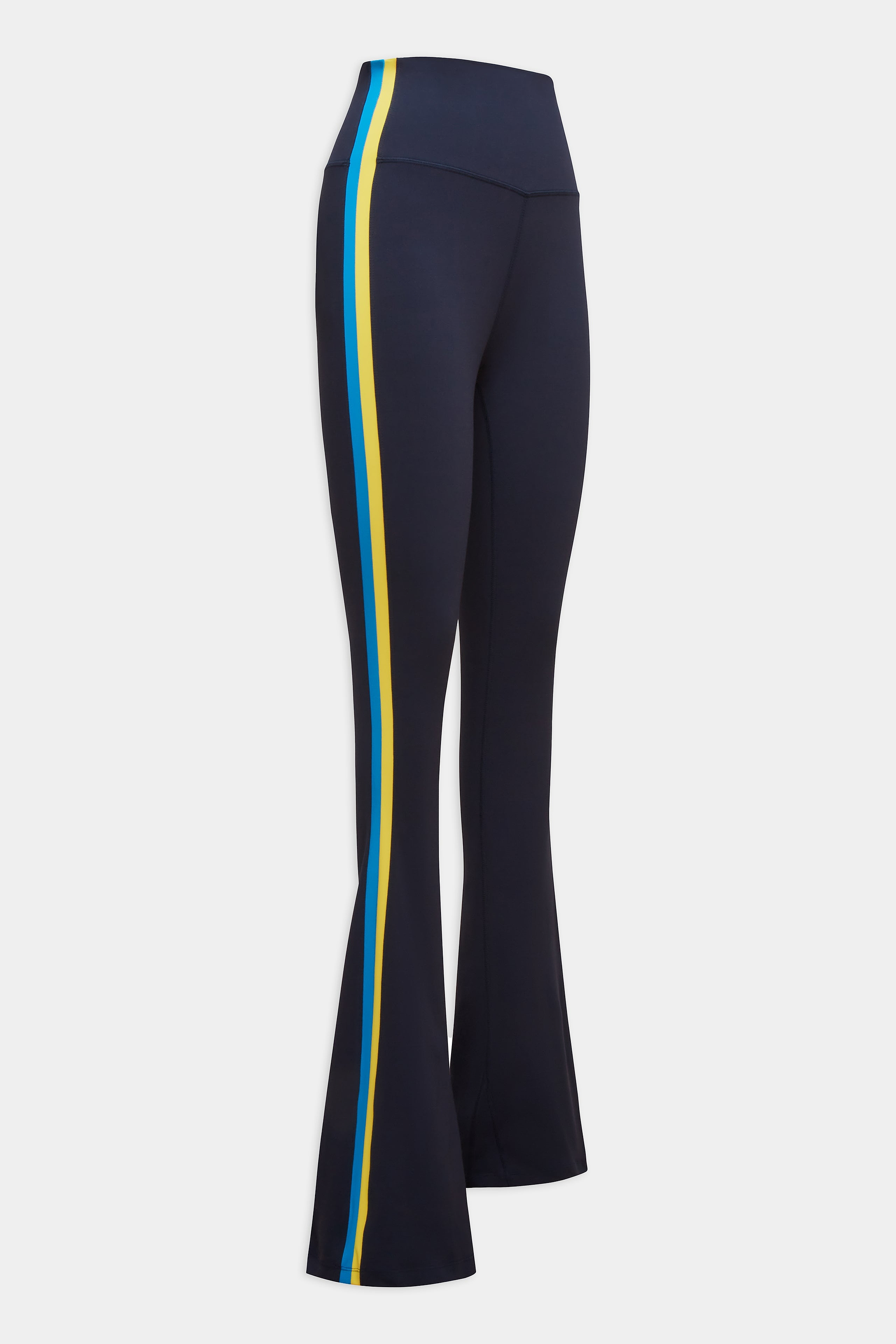 Navy blue flared pants with a high waistband and yellow and blue vertical stripes down the side.