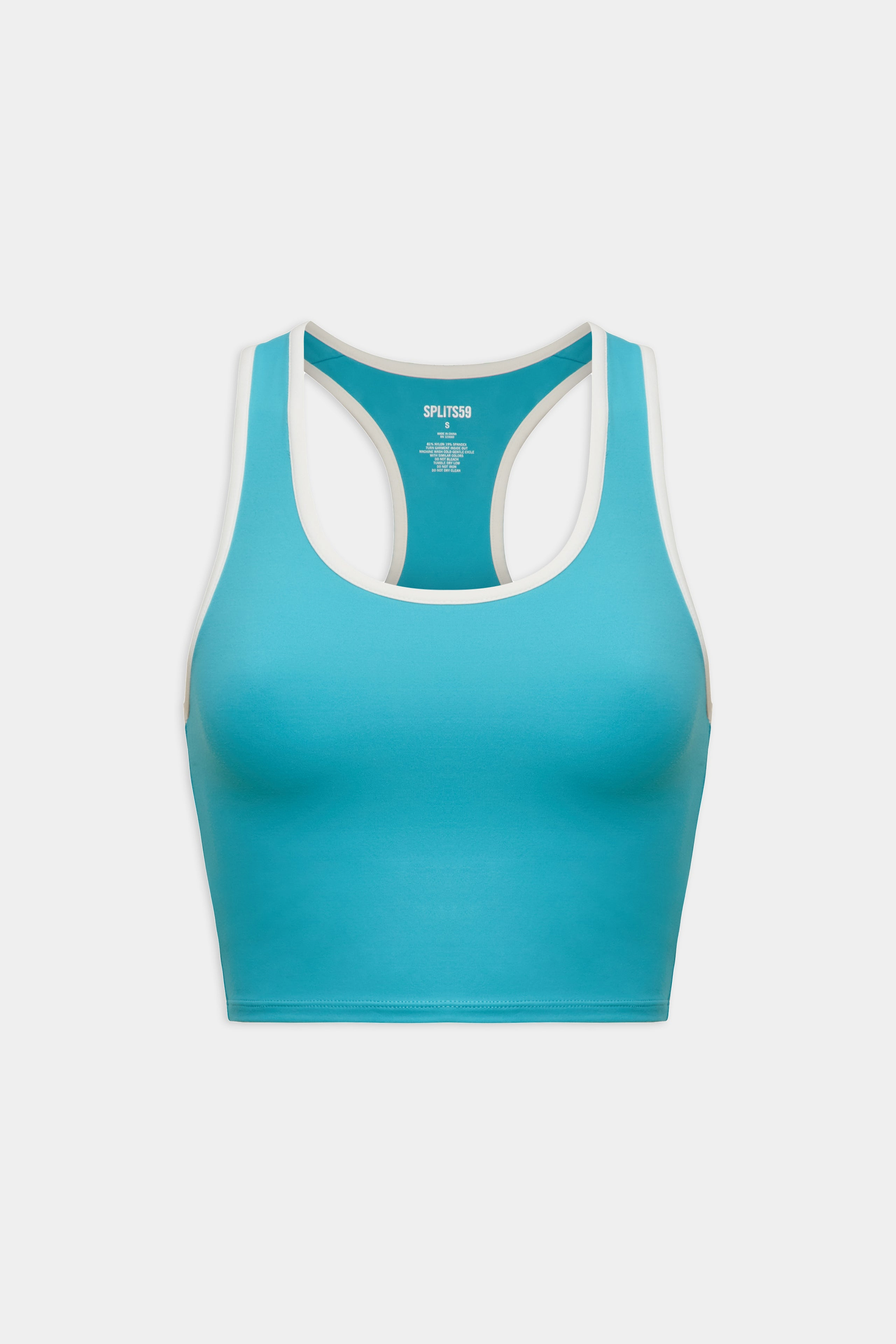 A turquoise racerback sports bra with white trim, displayed against a white background.