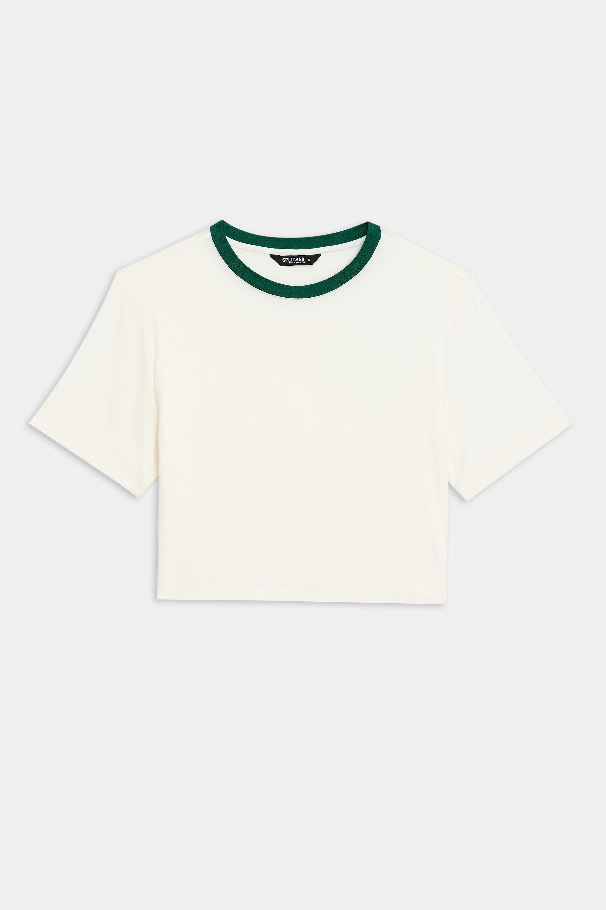 The Djuna Crop Ringer by SPLITS59 features a white cropped T-shirt with short sleeves and an arugula ribbed collar, ideal for gym workouts or running, showcased on a plain white background.