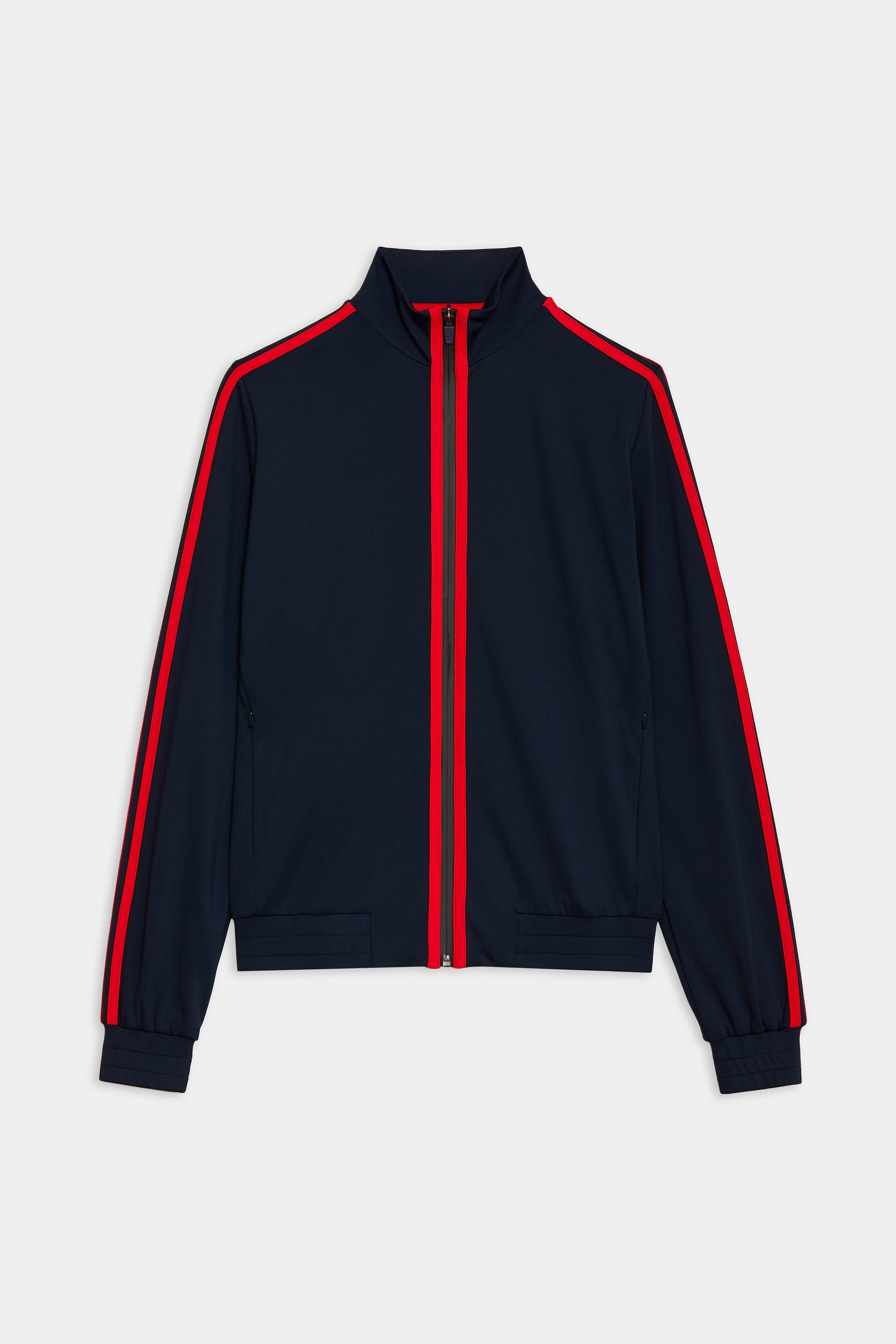 Navy blue track jacket with red vertical and sleeve stripes, front zipper, stand-up collar, and ribbed cuffs and hem, laid flat on a white background.