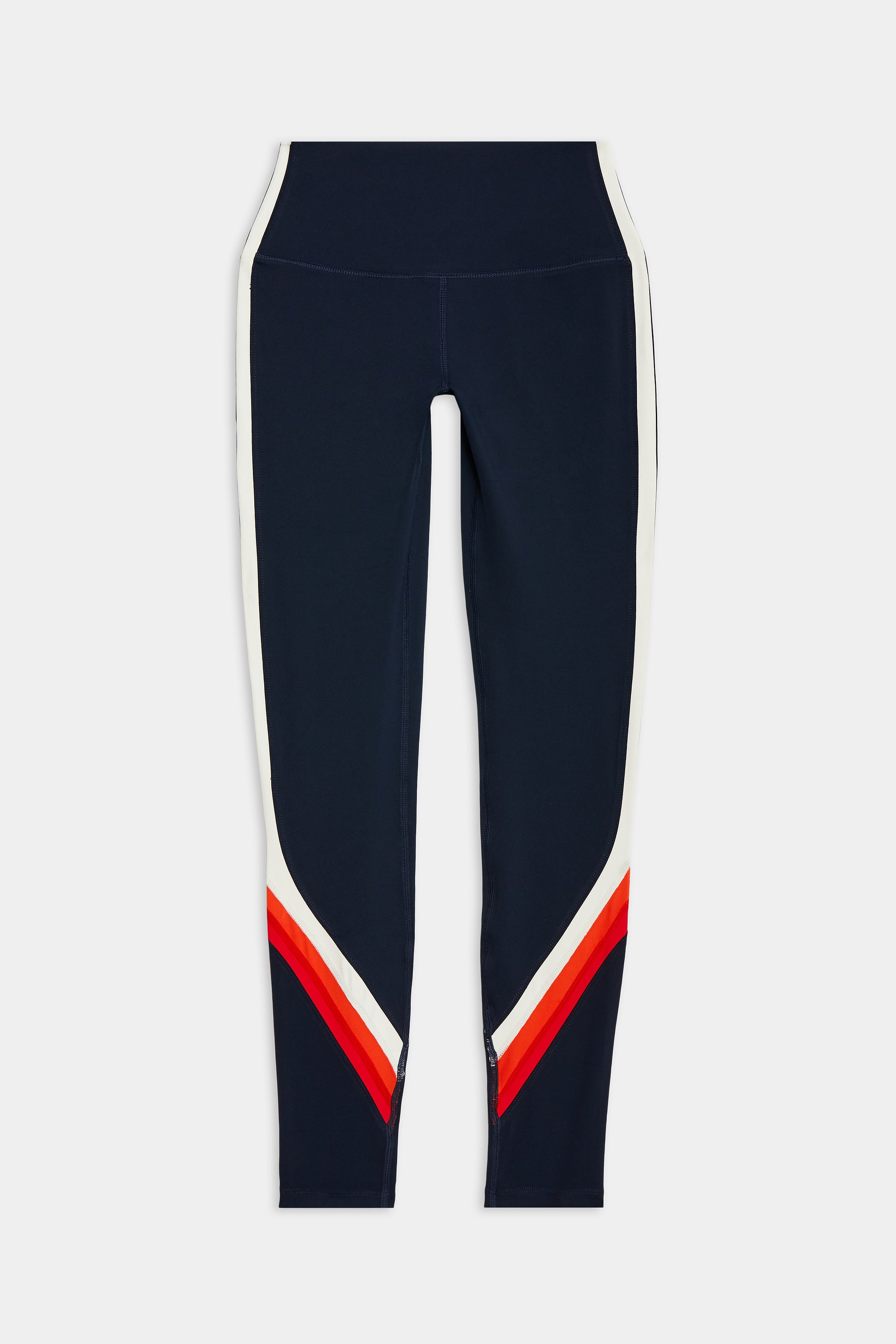 Navy blue athletic leggings with white side panels and red-orange diagonal stripes near the ankles, displayed on a white background.