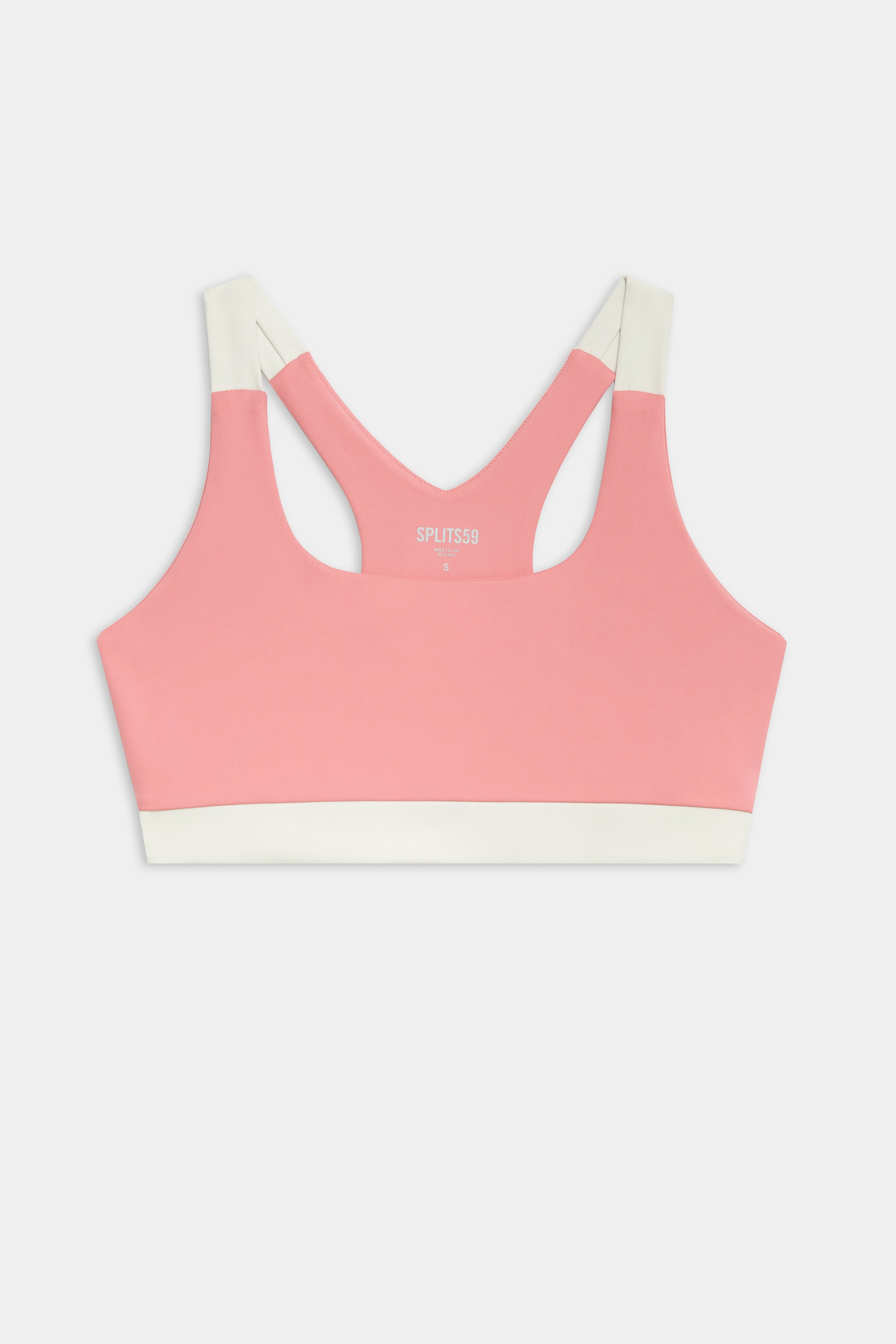 A pink sports bra with white straps and a white band at the bottom, displayed on a plain white background.