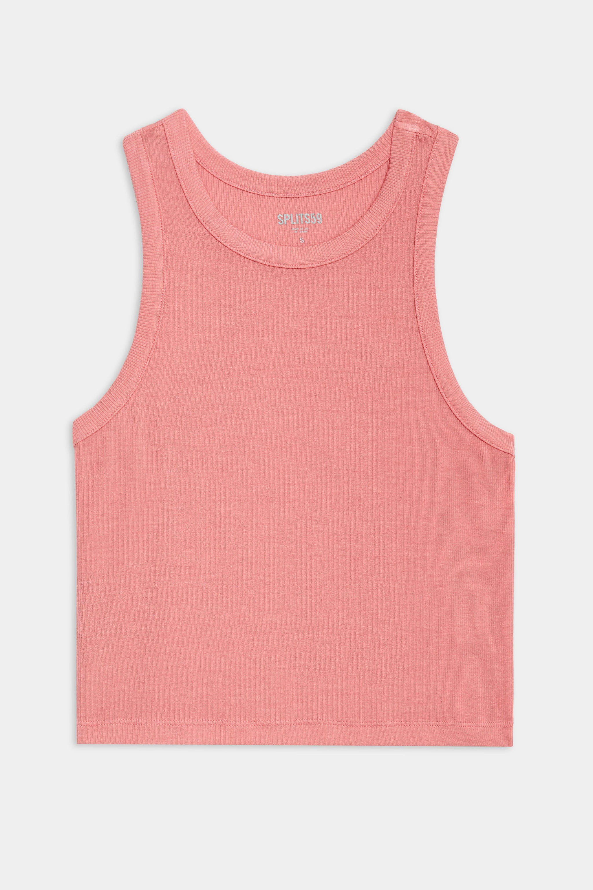 A sleeveless, light pink cropped tank top with a round neckline, displayed on a plain white background.