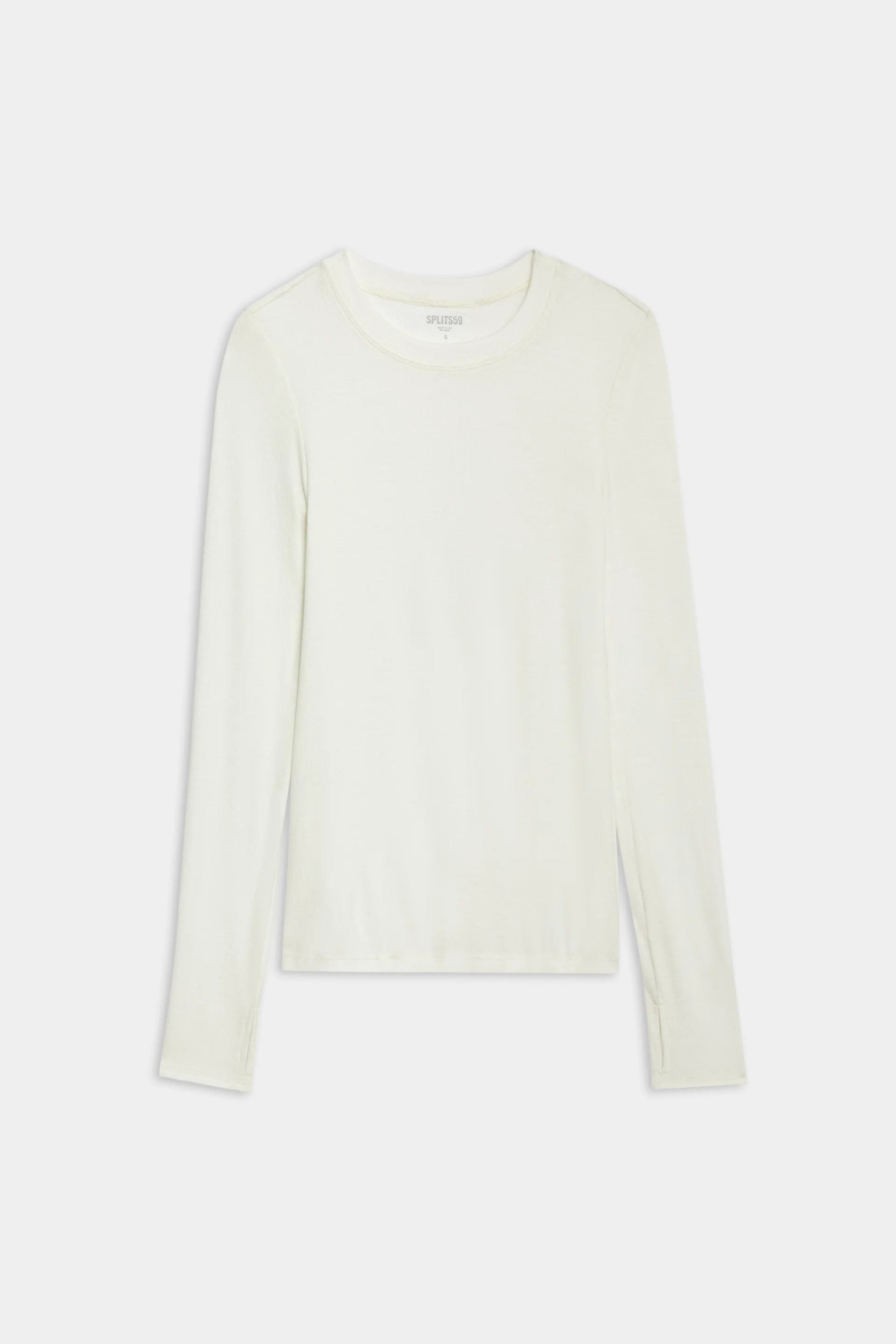 A plain white long-sleeve crew neck shirt is displayed against a white background.