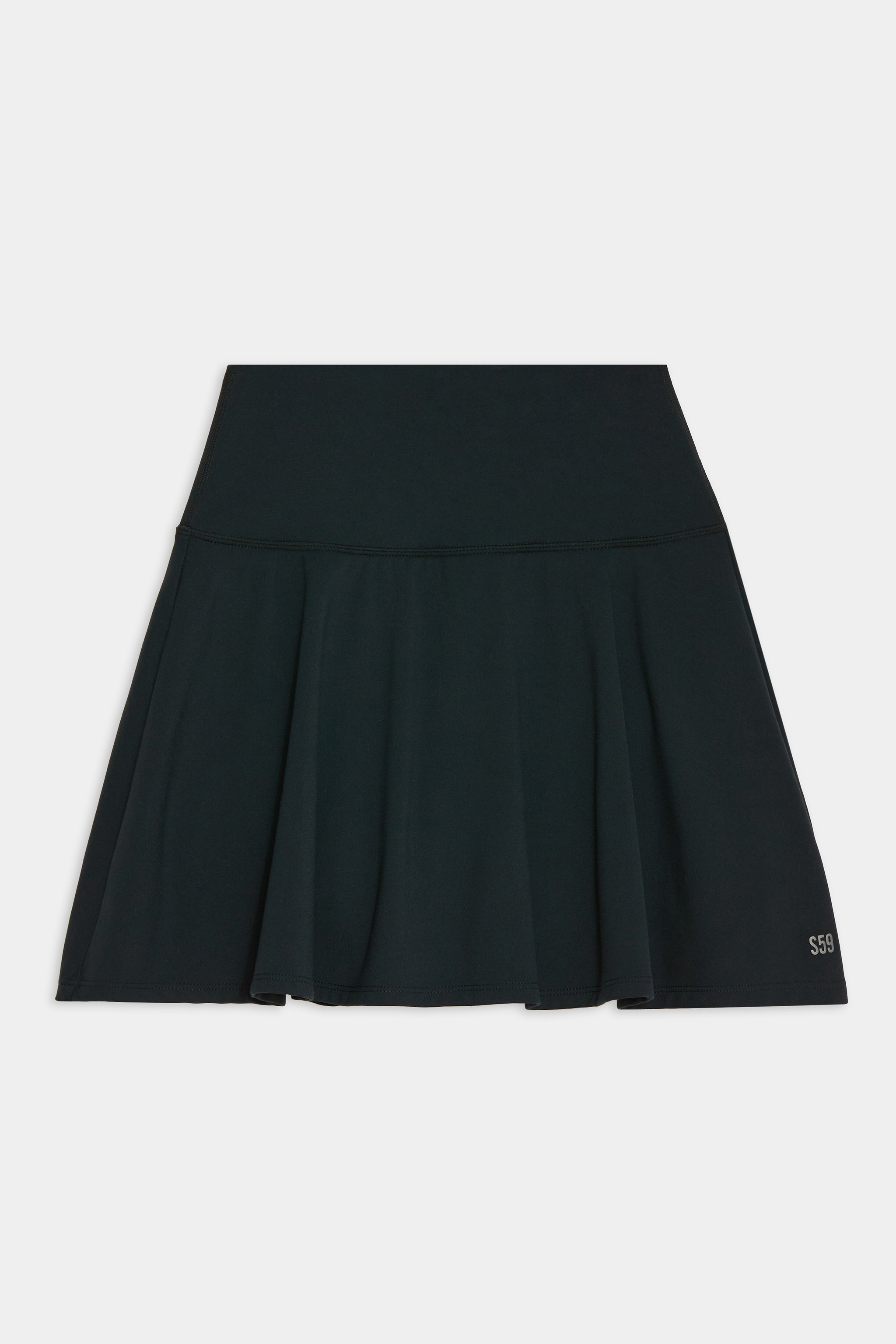 A black, knee-length flared skirt with a wide waistband, laid flat on a white background.