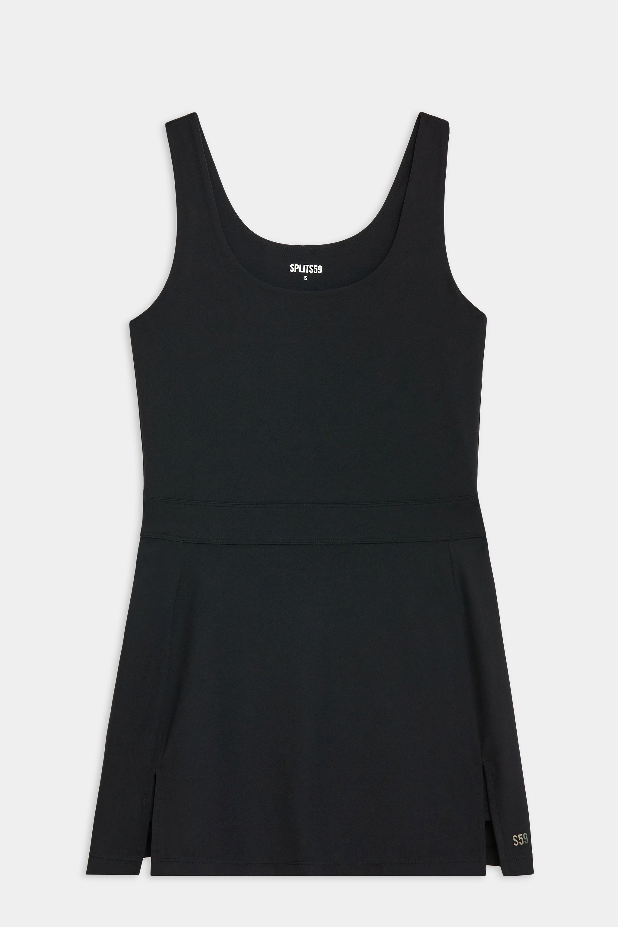 Sleeveless black dress with a scoop neckline and a short skirt, laid flat on a white background. The brand name "Splits59" is visible inside the neckline.