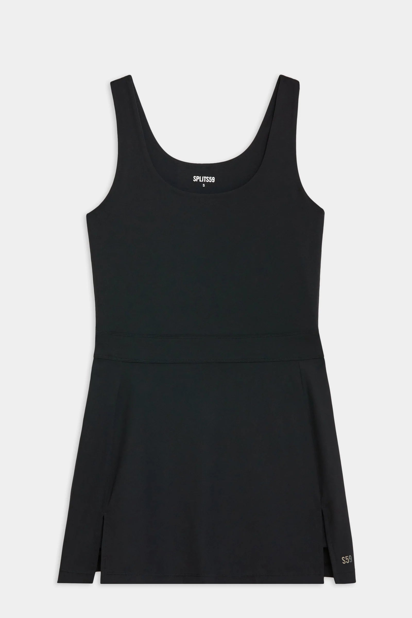A sleeveless black dress with a scoop neckline and a short, flared skirt featuring small side slits near the hem.