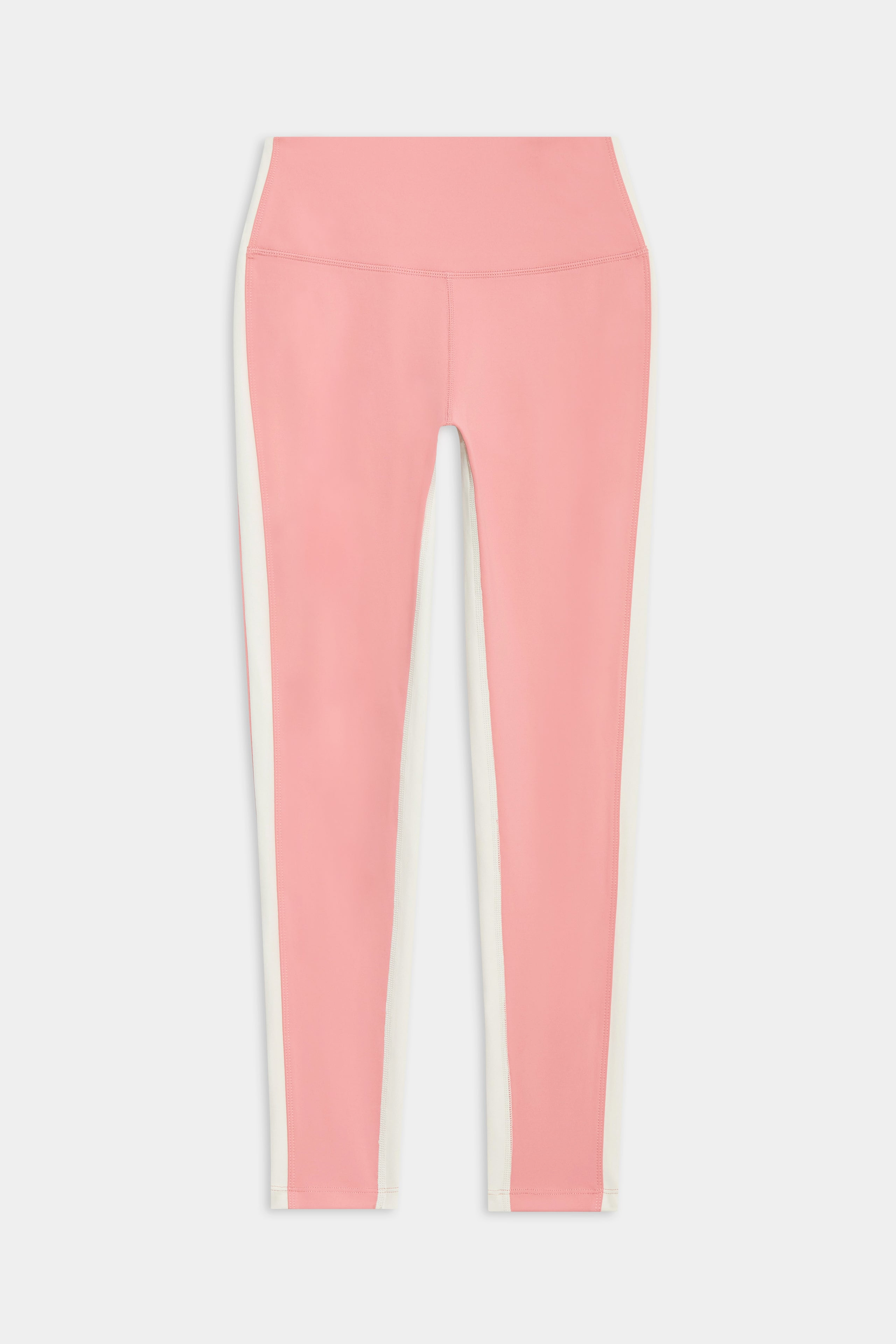 Pink high-waisted leggings with white side panels, displayed on a white background.
