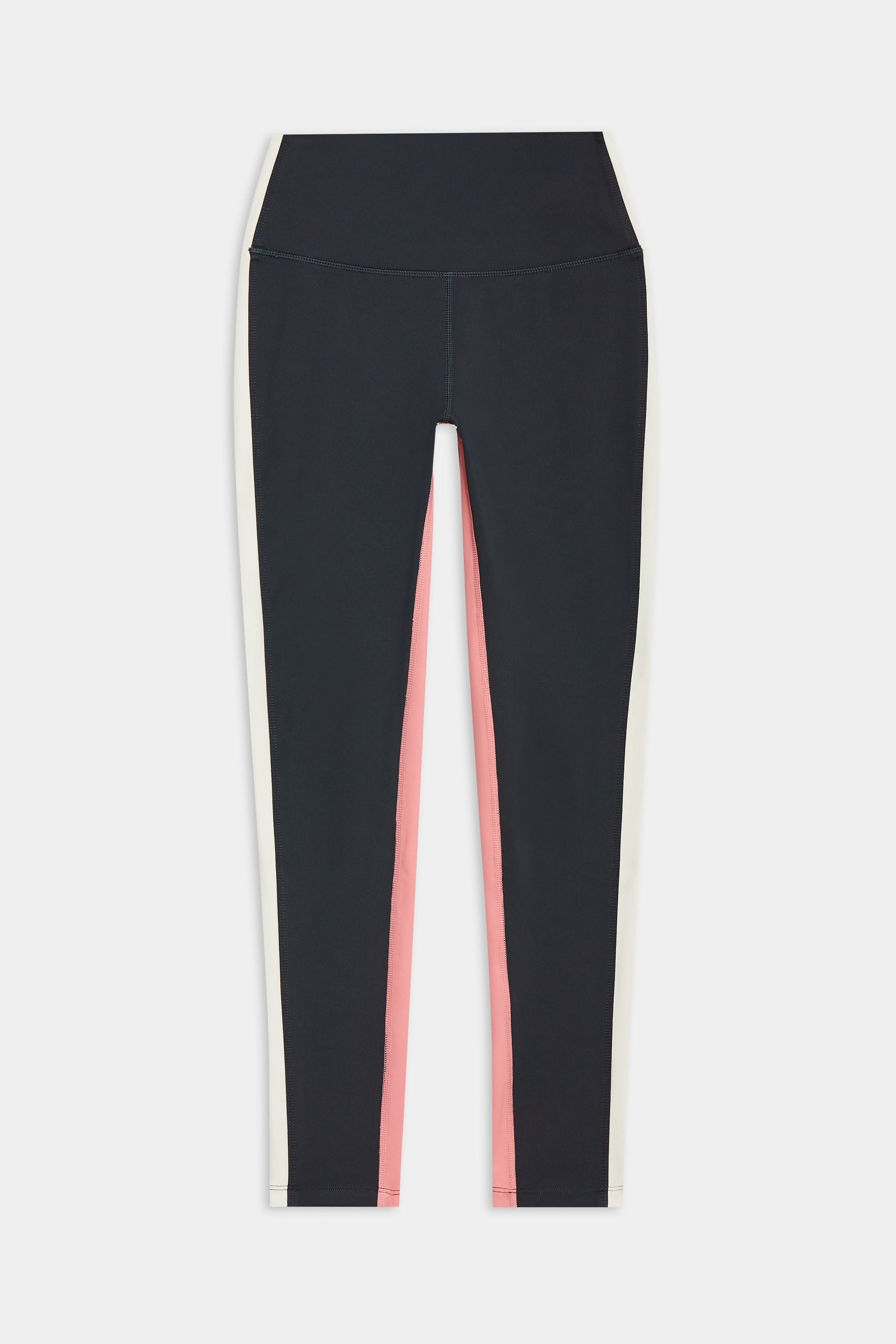 A pair of high-waisted, full-length leggings with black, white, and pink vertical color-block panels.