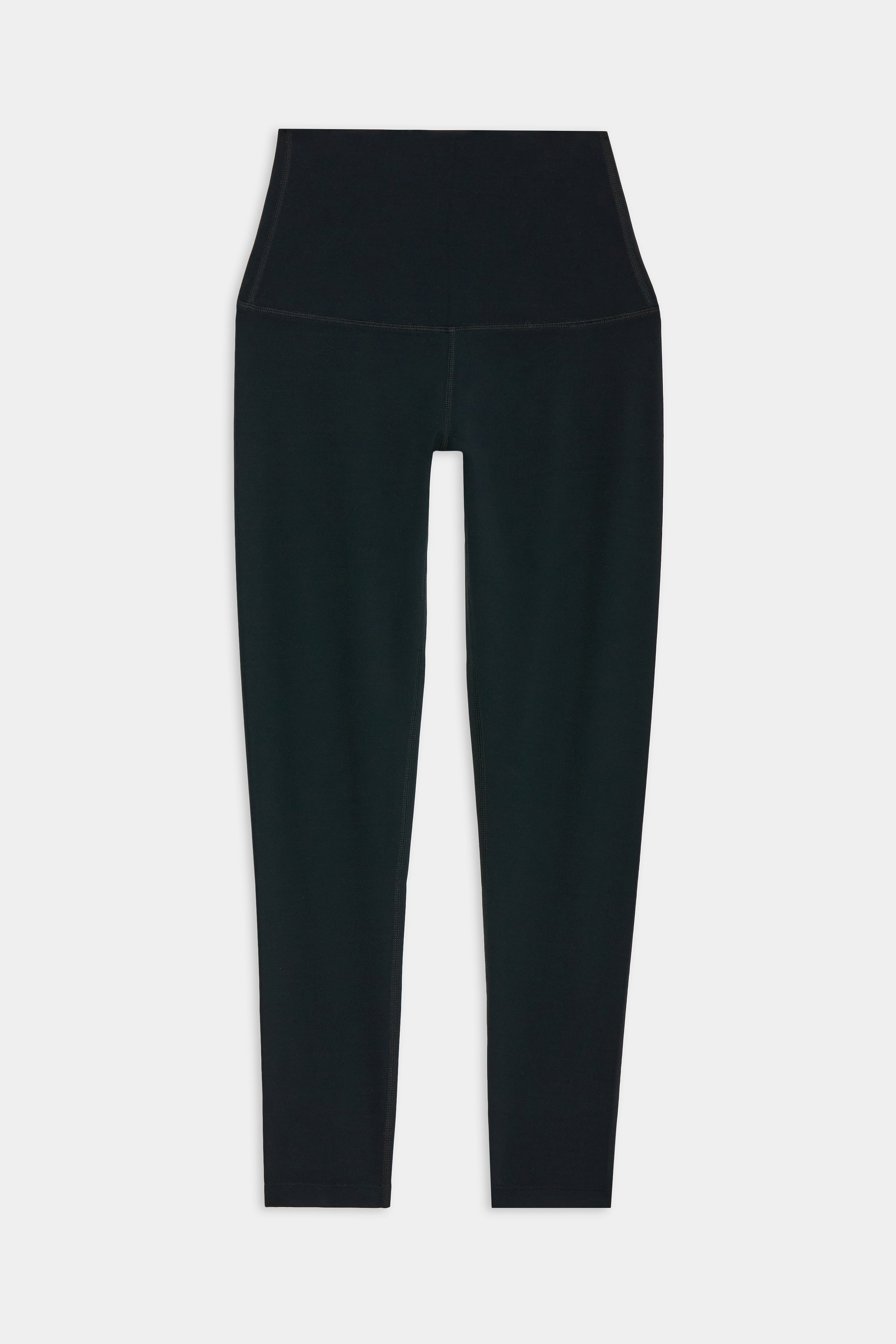 Black high-waisted leggings laid flat on a white background.