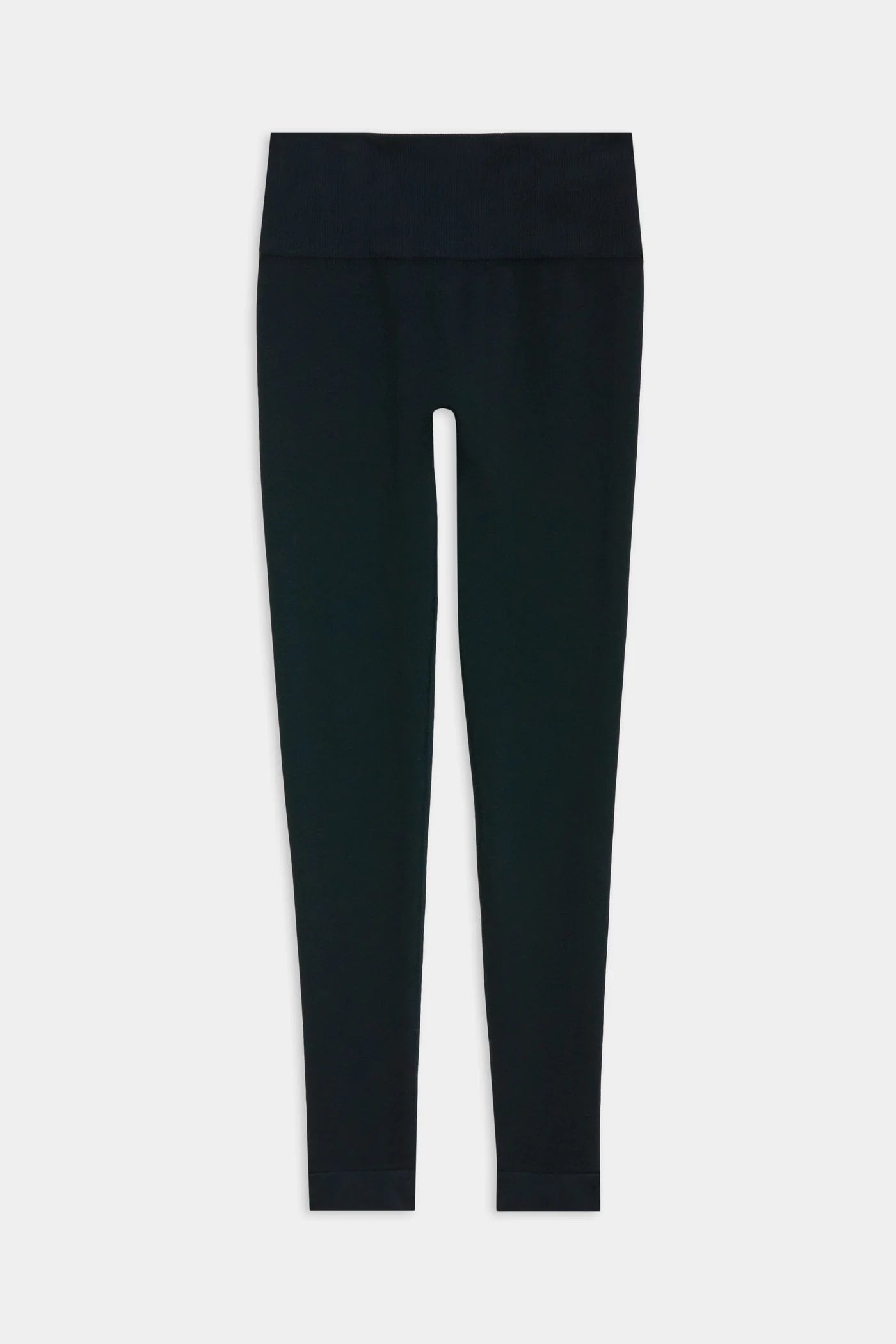 Black high-waisted, full-length leggings laid flat on a white background.