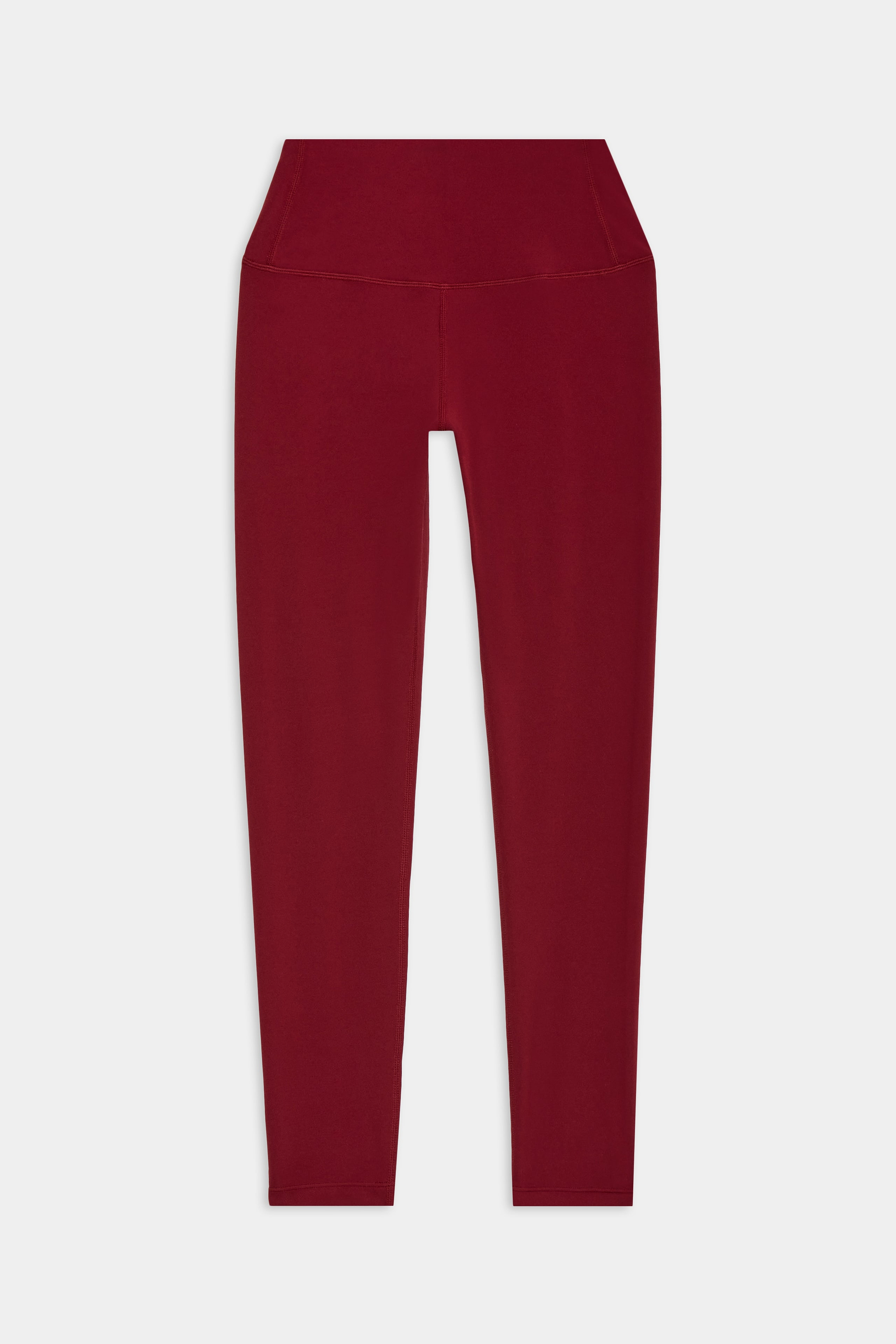 A pair of high-waisted, full-length, burgundy leggings displayed on a plain white background.