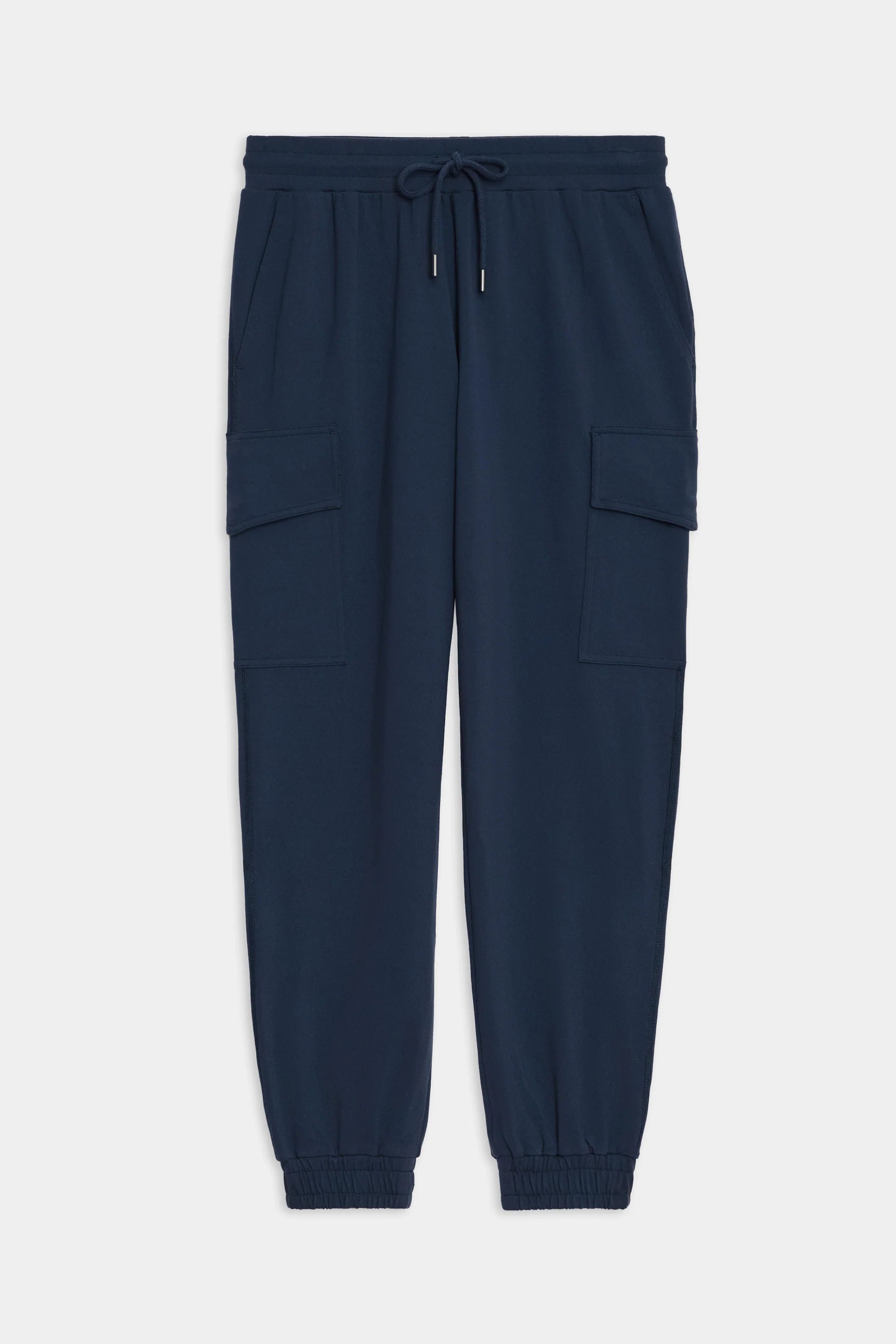 A pair of navy blue cargo jogger pants with an elastic waistband, drawstring, two side pockets, two cargo pockets, and elastic cuffs at the ankles.