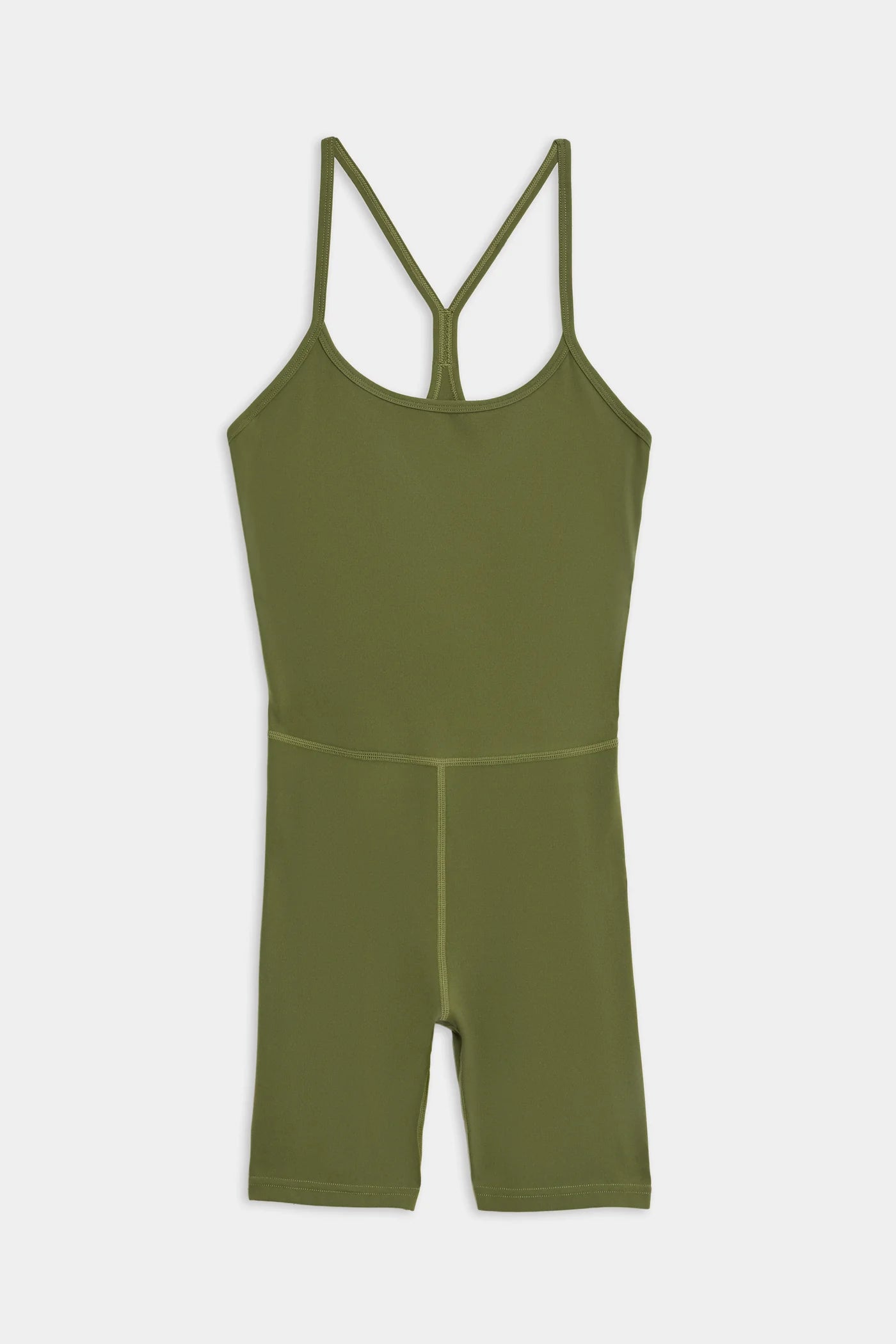 Olive green sleeveless one-piece romper with spaghetti straps, a racerback, and mid-thigh length shorts, laid flat on a white background.