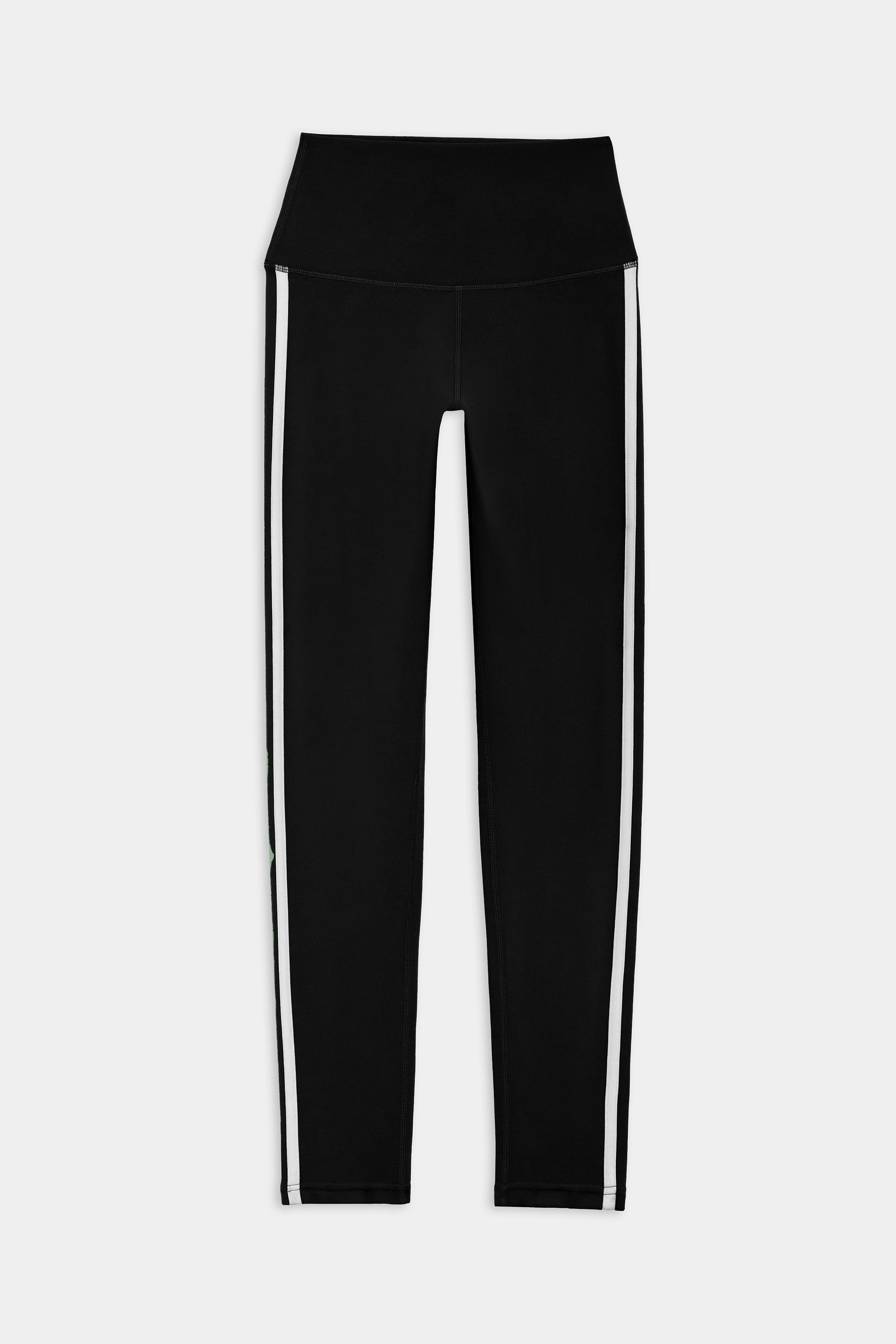 Black high-waisted leggings with white vertical side stripes, displayed flat on a plain background.