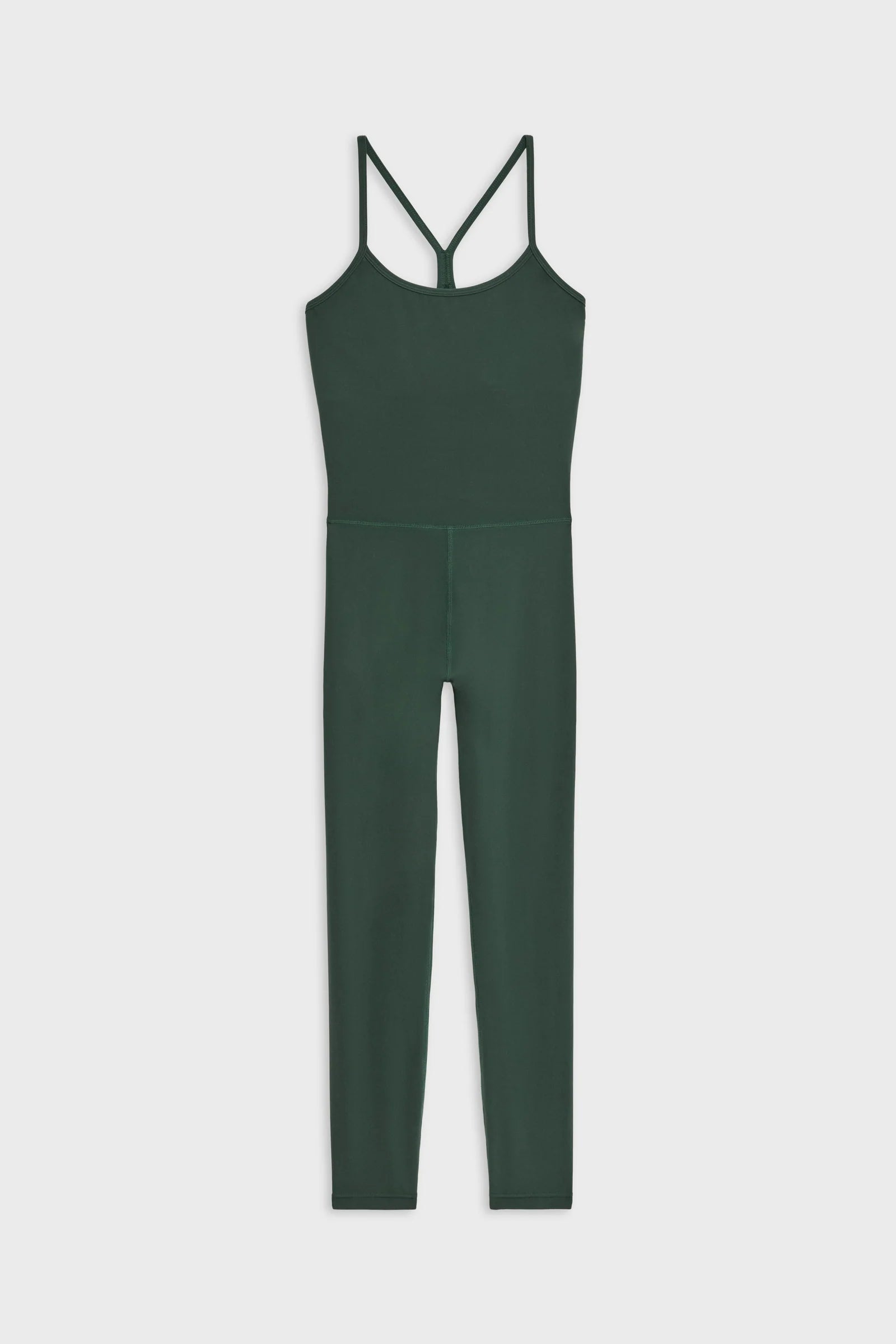 Dark green sleeveless one-piece jumpsuit with thin shoulder straps and long fitted legs, displayed against a plain white background.