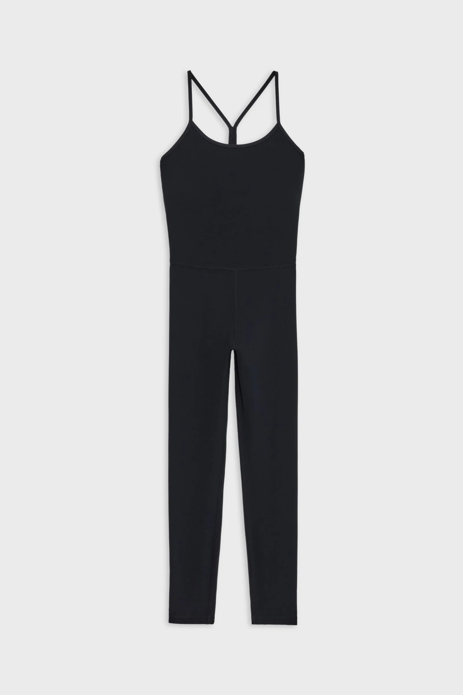 Black sleeveless full-length jumpsuit with thin shoulder straps and a fitted design, displayed on a plain white background.