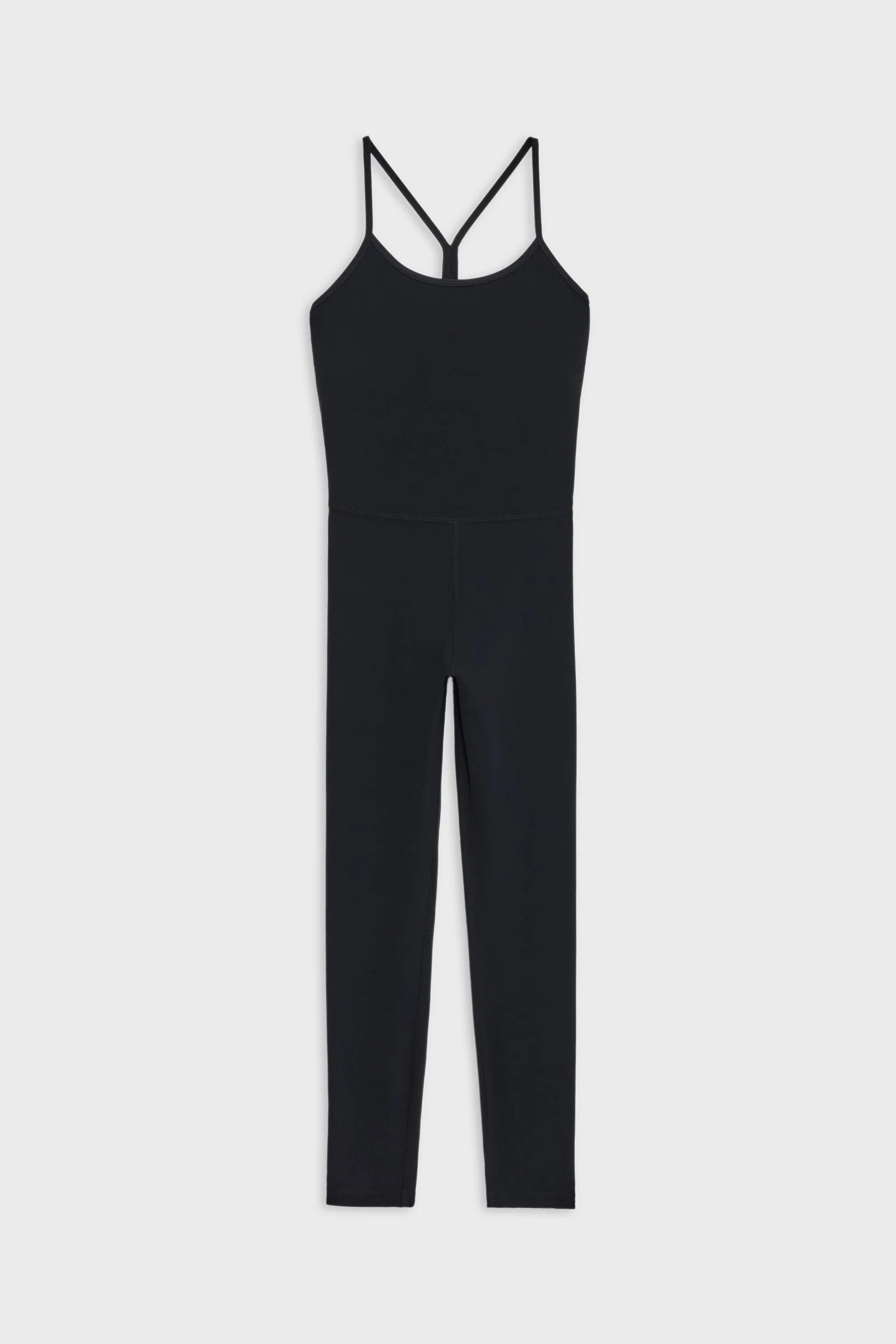 A black, sleeveless, full-length jumpsuit with thin spaghetti straps and a fitted design, laid flat on a white background.
