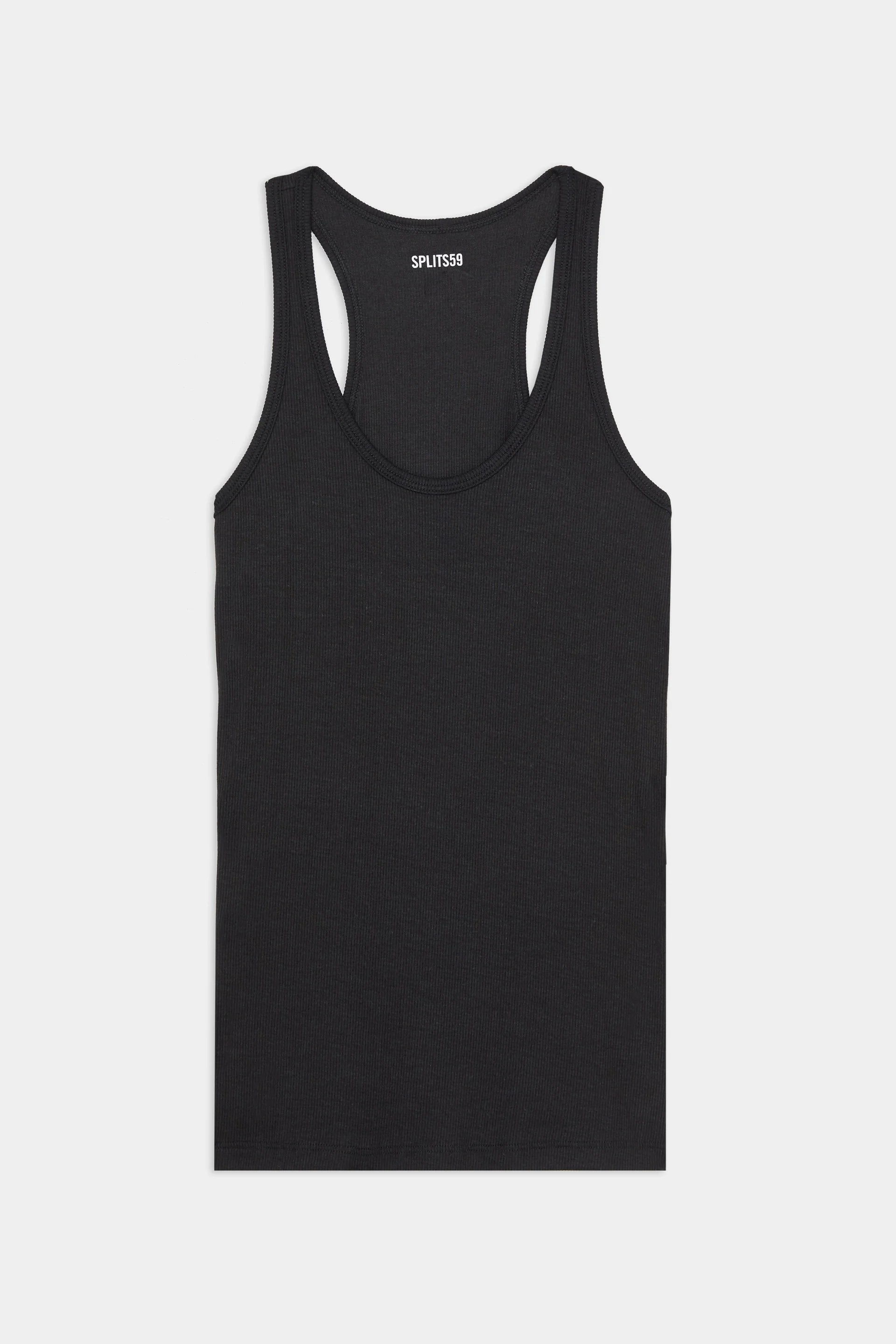 A plain black ribbed racerback tank top with a round neckline, displayed flat against a white background.