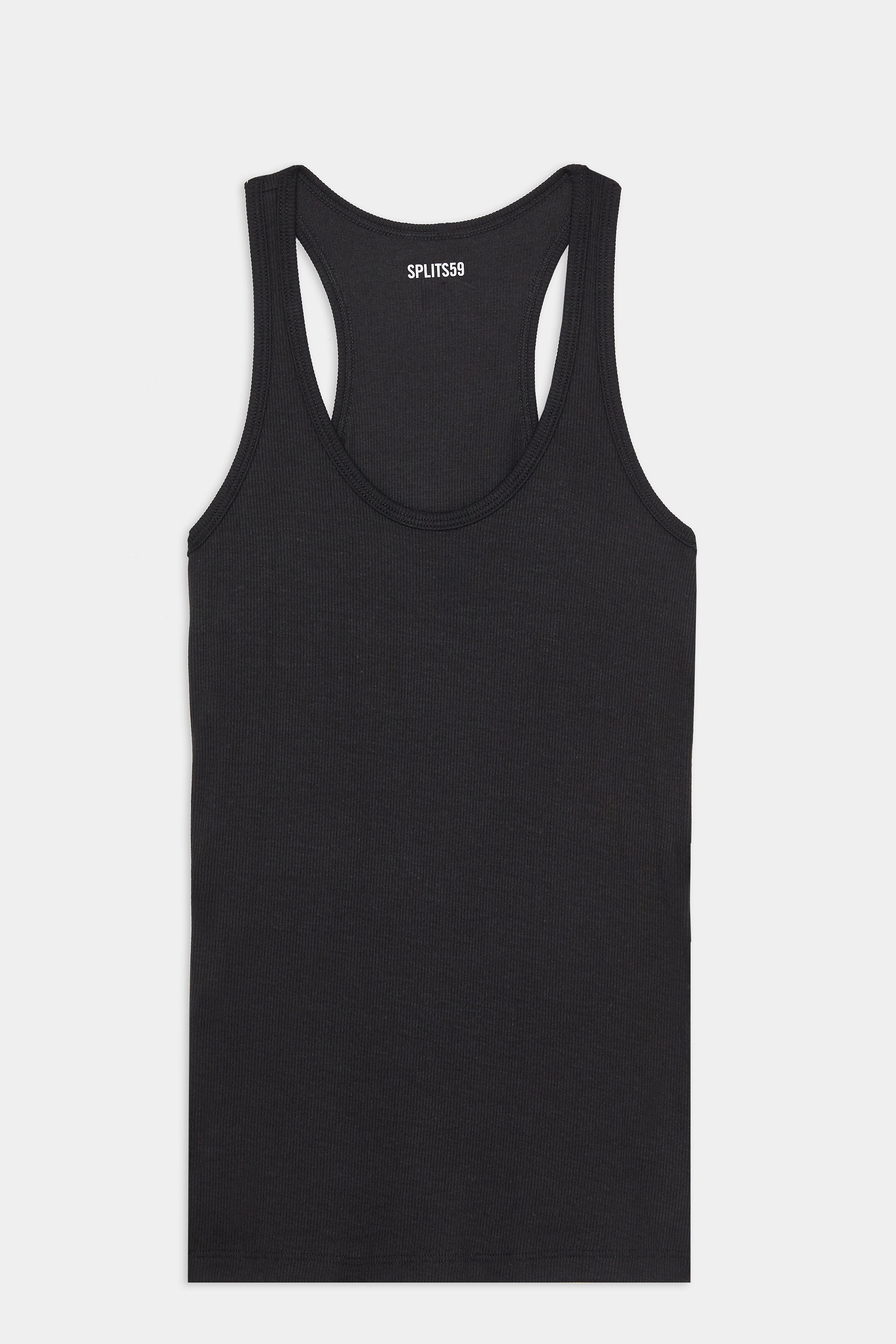 A black ribbed racerback tank top is laid flat on a white background with the brand name "SPLITS59" visible inside the neckline.