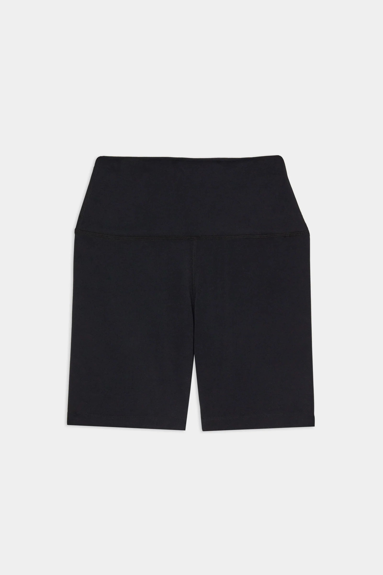 Black high-waisted, knee-length biker shorts displayed flat on a white background.