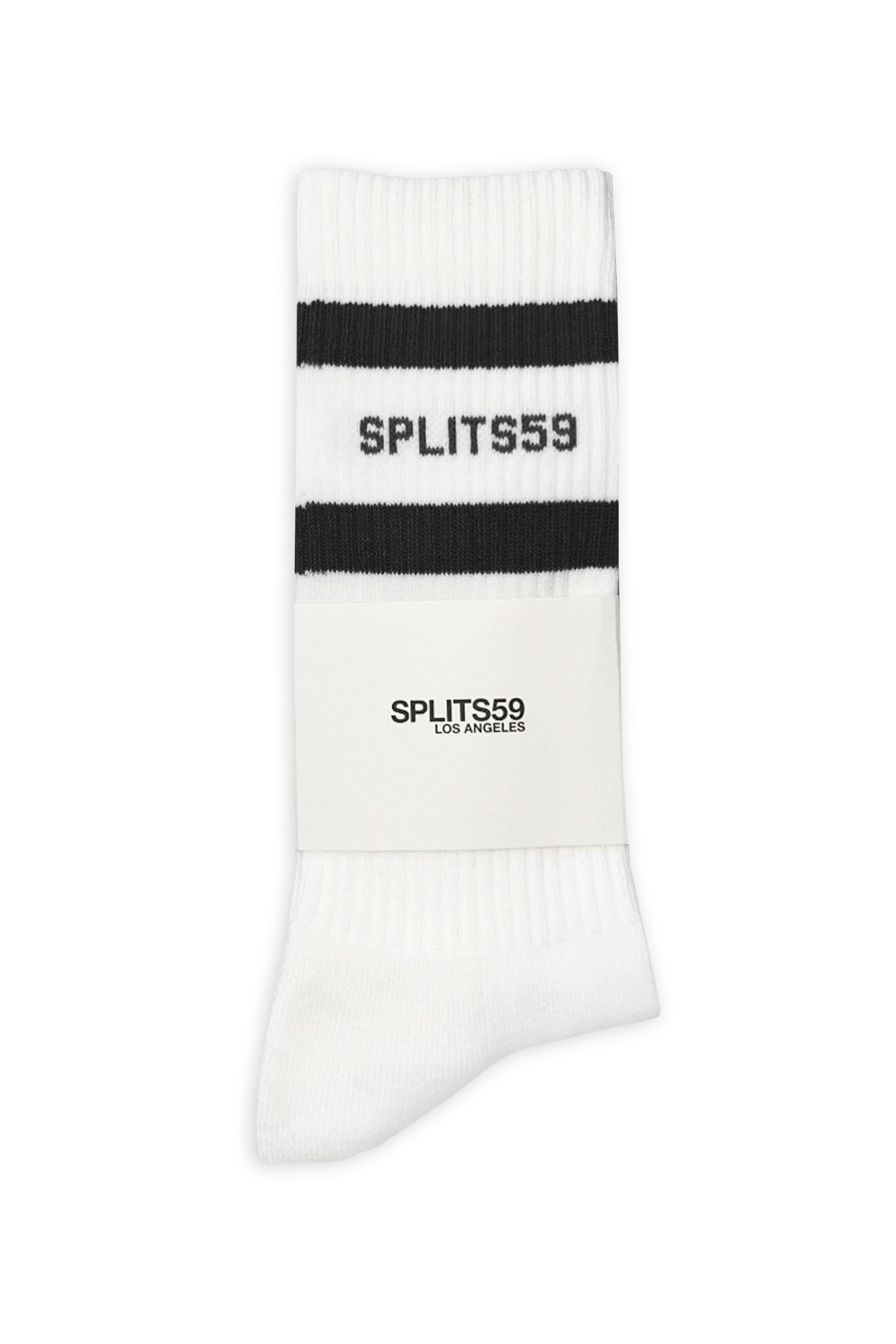 A pair of white crew socks with two black stripes and "SPLITS59" in black text, folded with a branded paper label around the middle.