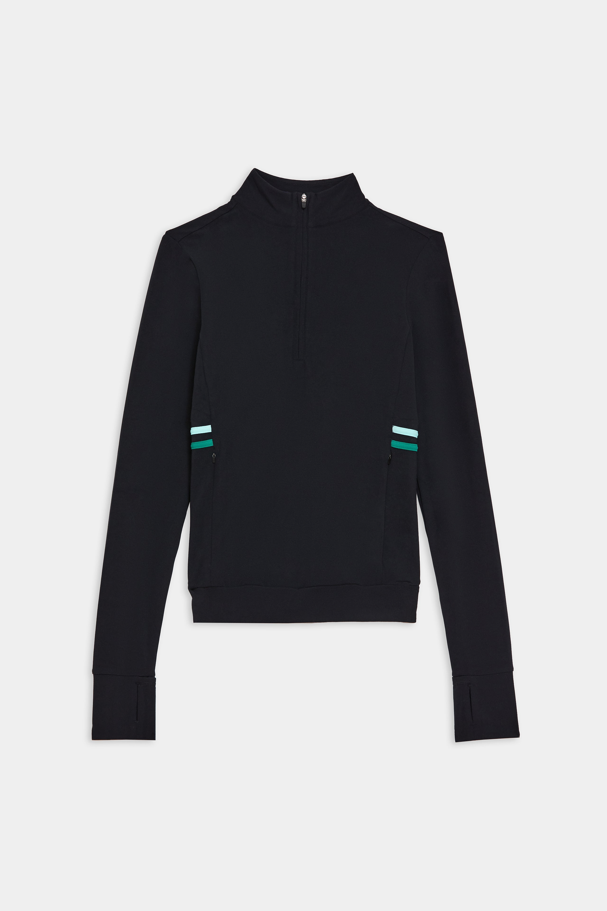 Black long-sleeve athletic top with a half-zip front, high collar, thumbholes, and two turquoise-striped accents on the sides.