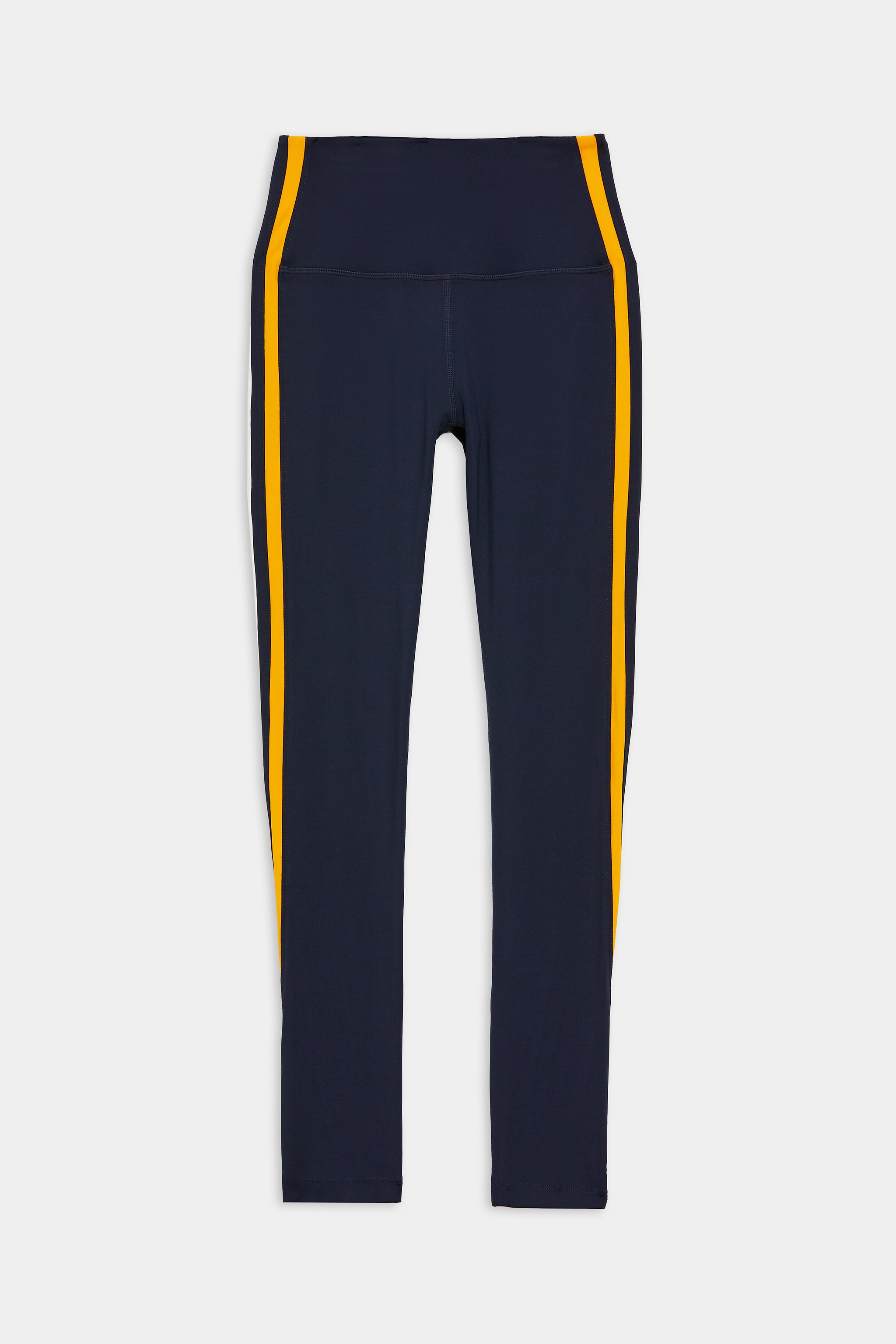 Navy blue leggings with high waist and yellow vertical stripes running down the sides.