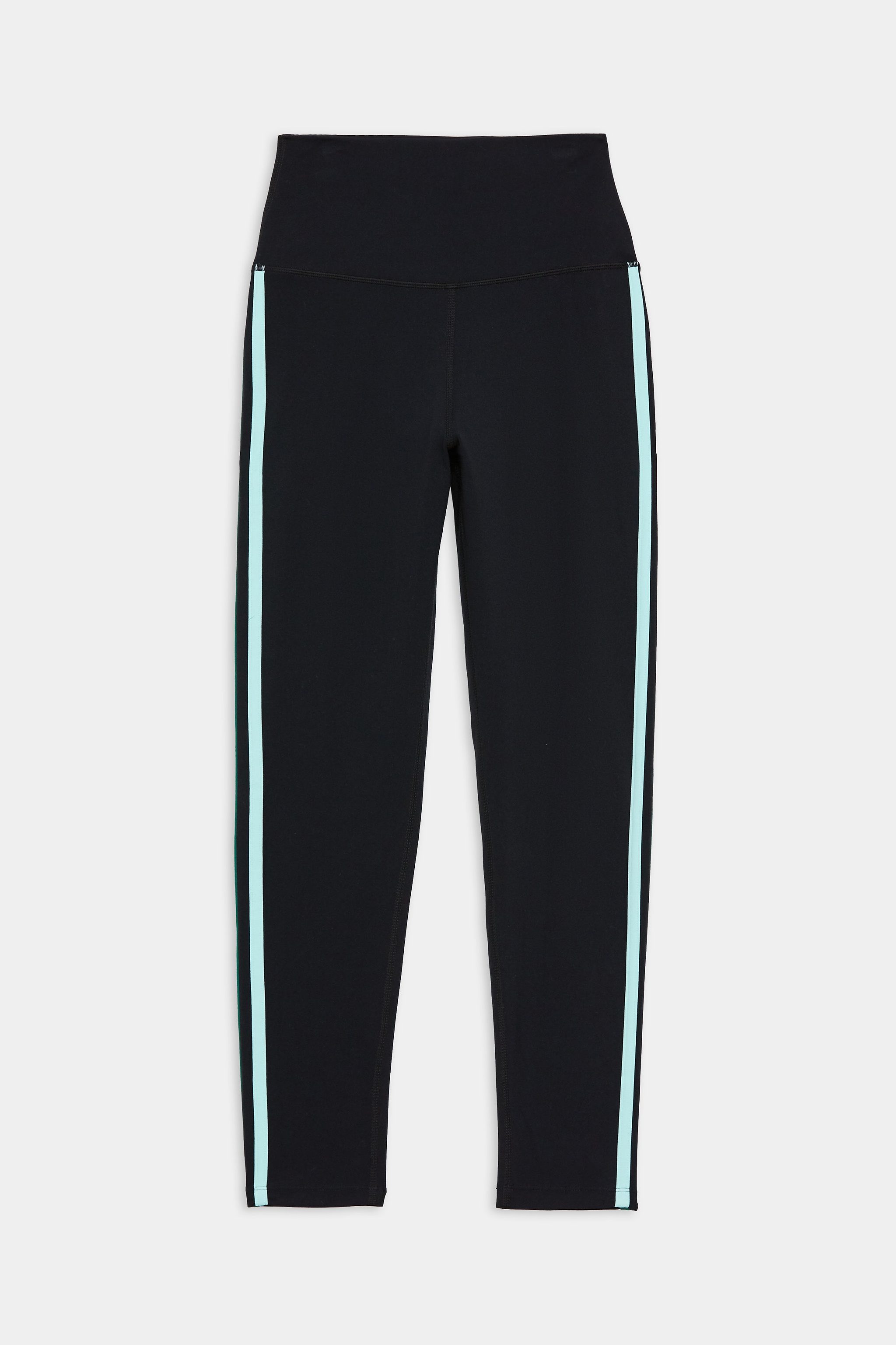 Black high-waisted leggings with light blue vertical stripes down the sides, displayed flat on a white background.